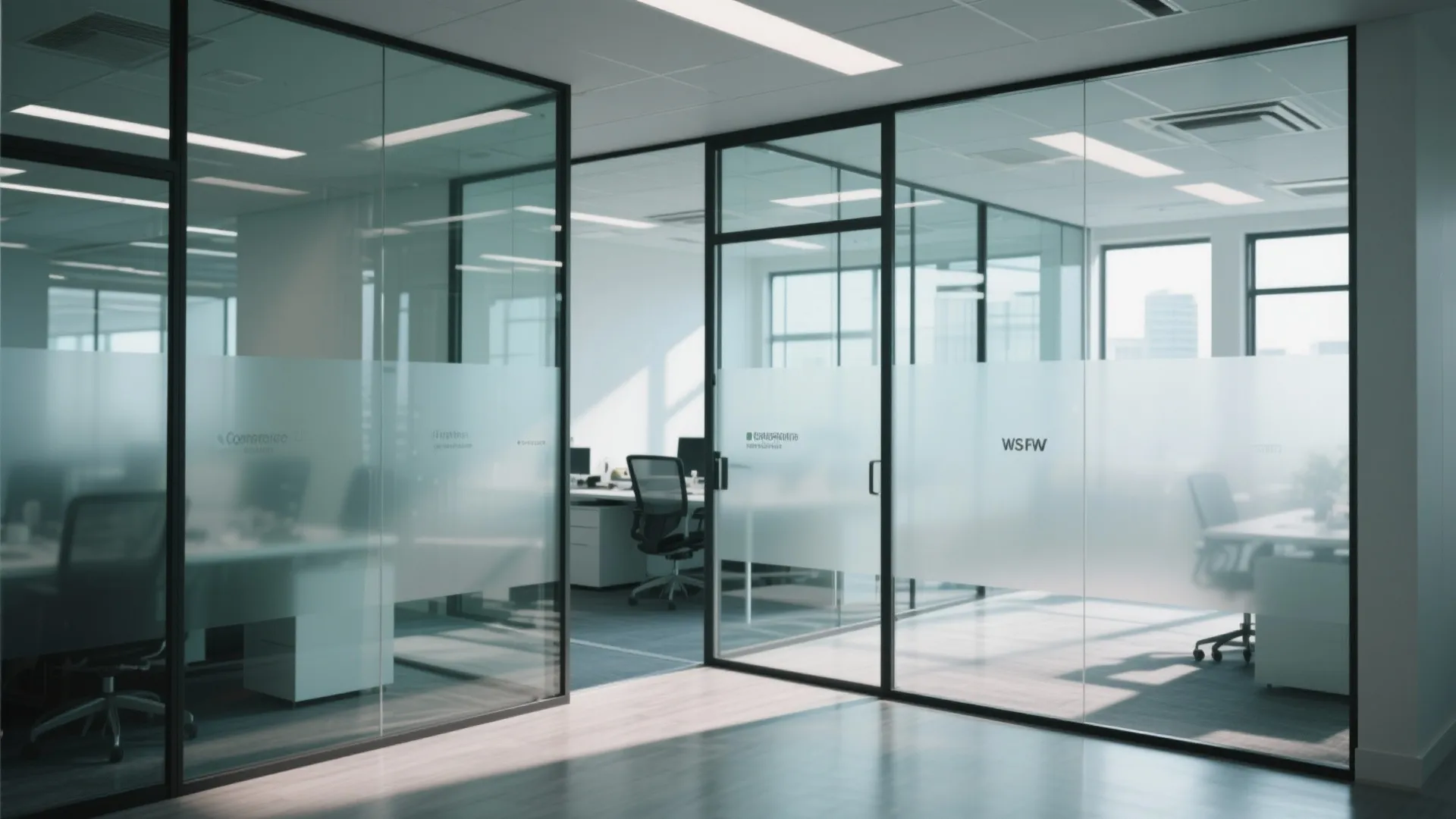 Modern office space with large glass wall panels dividing the work area and private rooms
