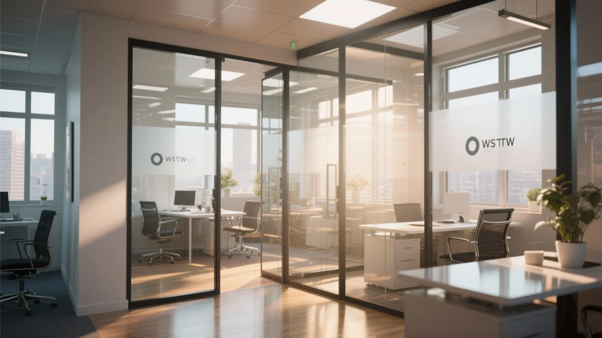 Bright office space with glass walls wood floors white desks and black chairs for work