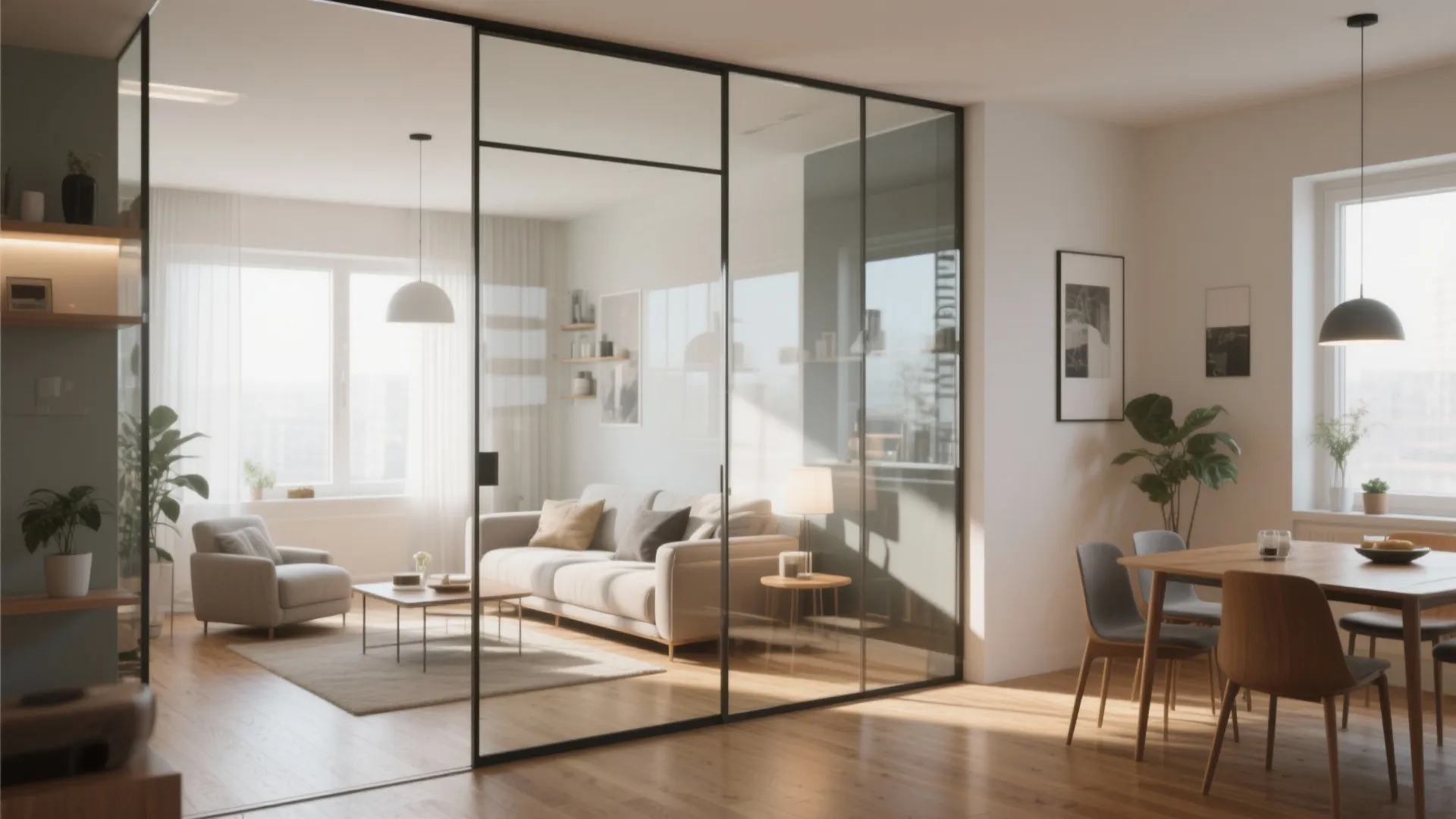 Modern living room with glass walls separating dining area featuring beige sofa and wood floor