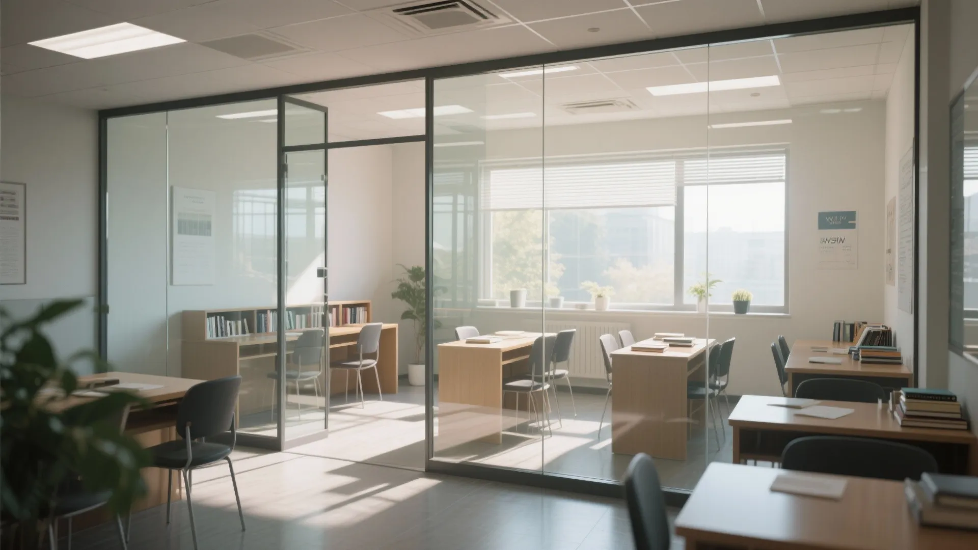 Modern office interior with glass walls wooden desks black chairs bookshelves and bright natural window light