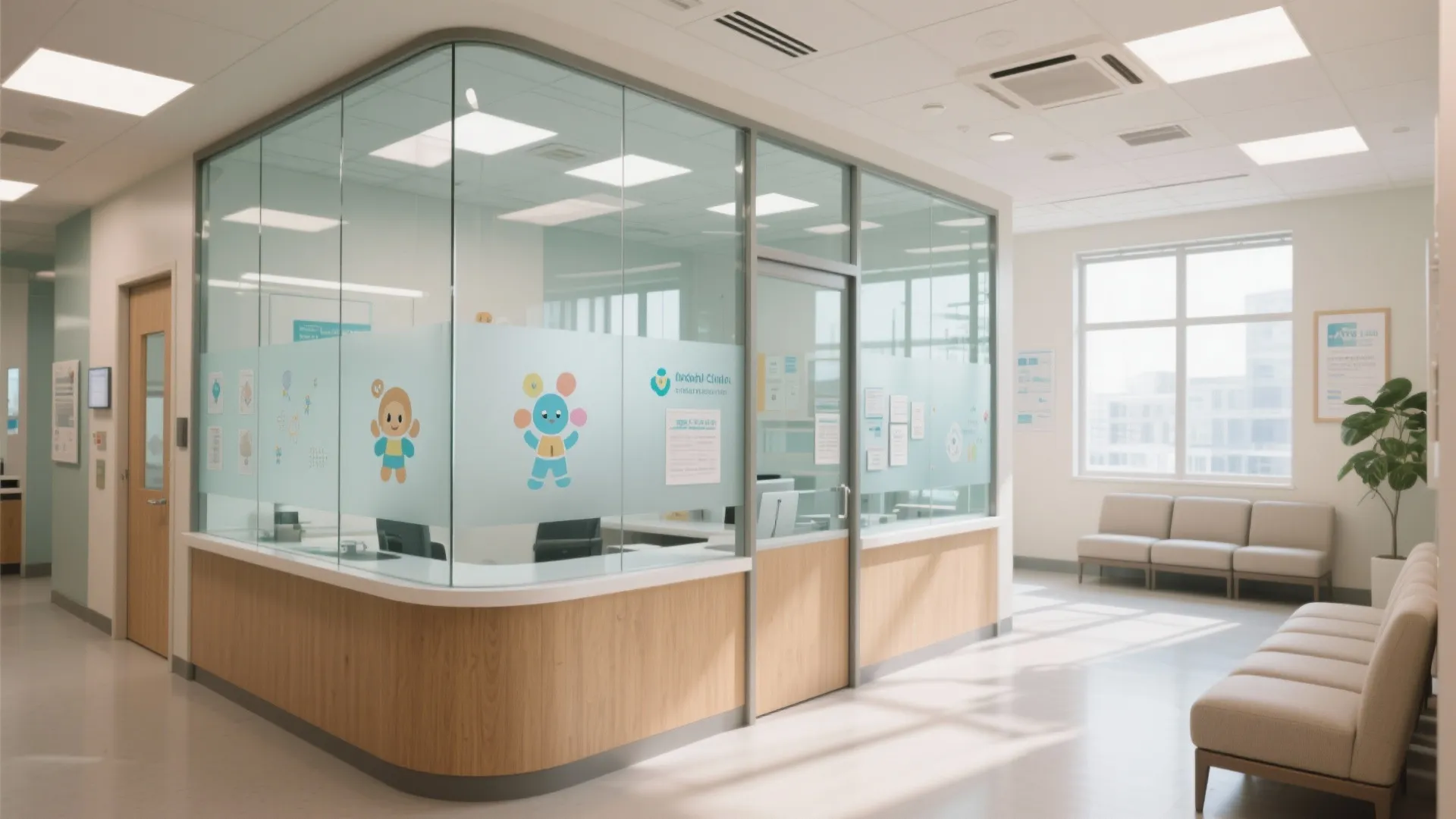 Clinic reception with frosted lower glass panels and clear upper glazing, allowing light while preserving privacy