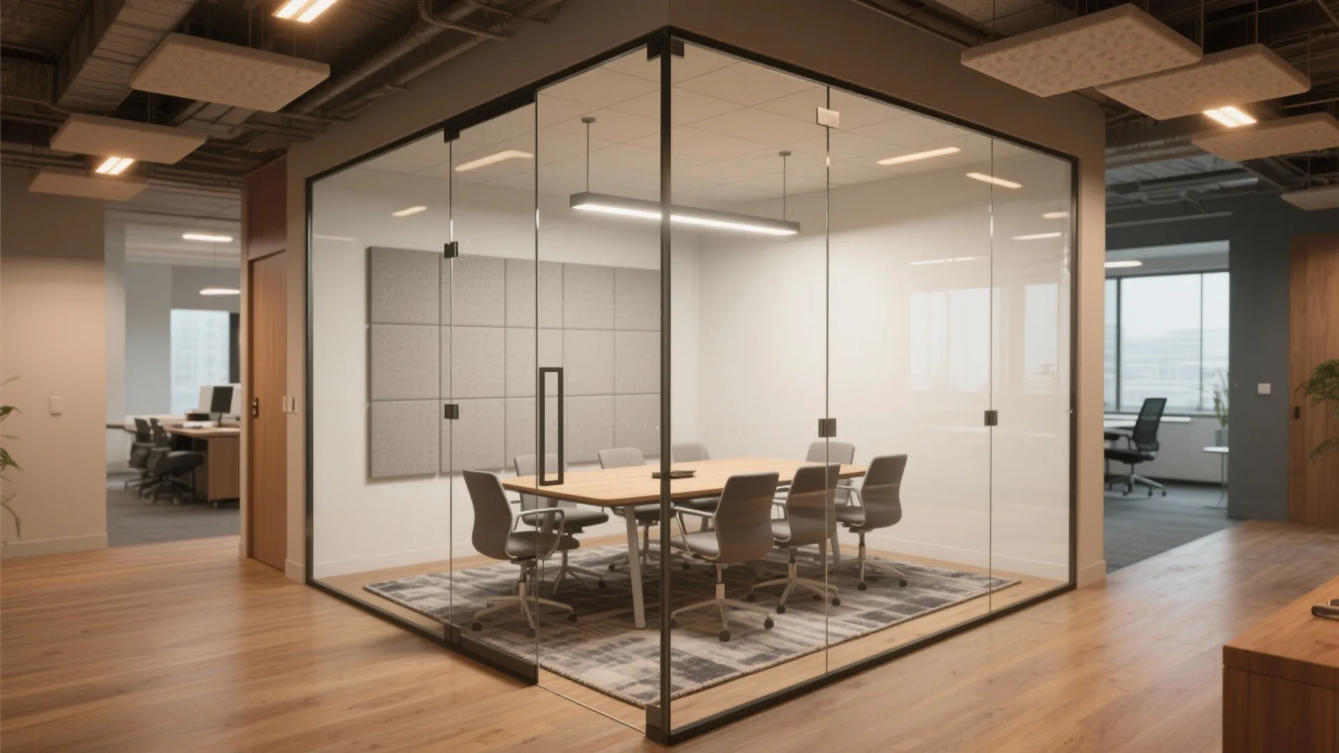 Meeting room with glass walls featuring a wooden table plus chairs and grey wall panels