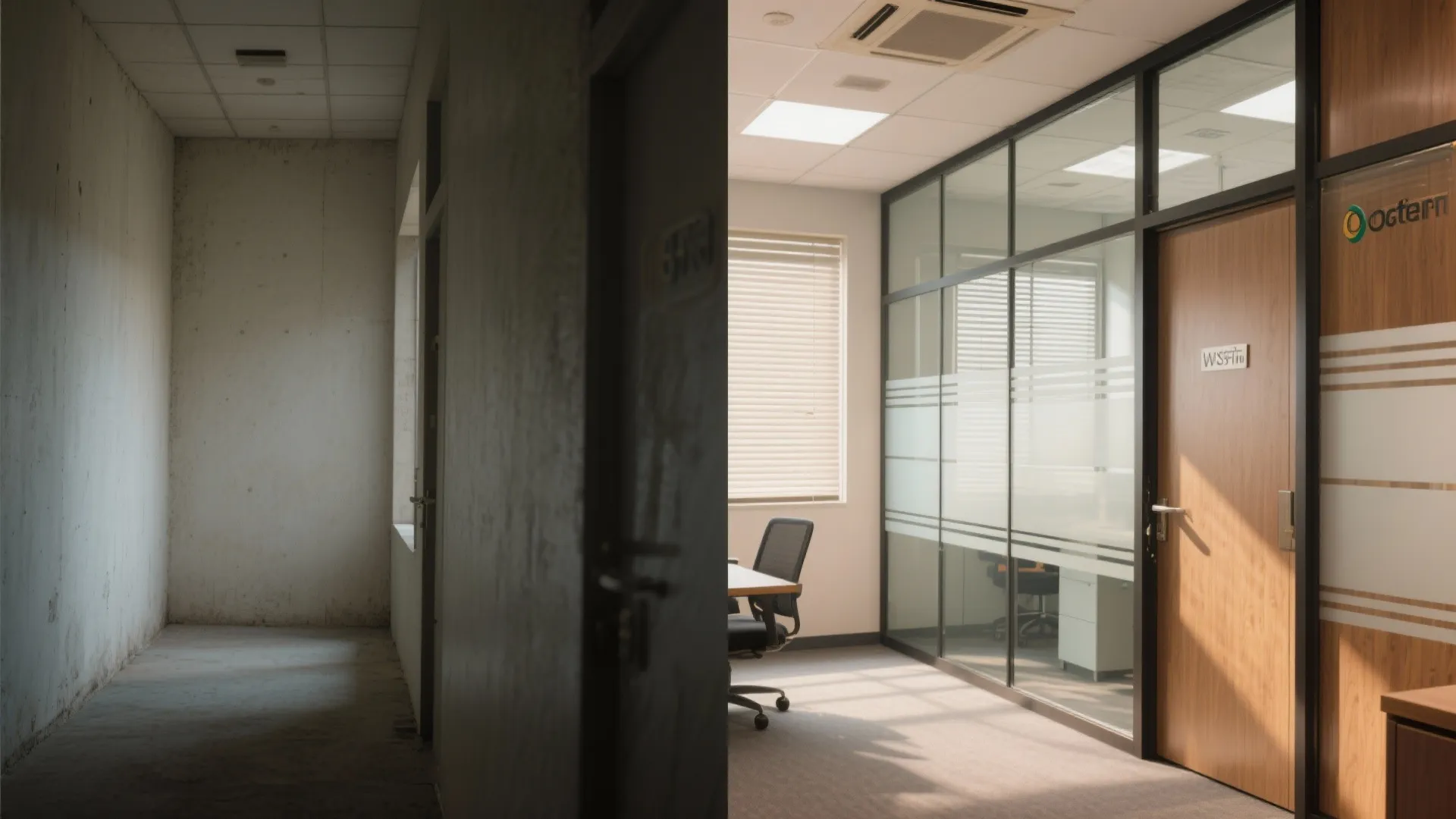 Before and after comparison of dark empty concrete hallway versus modern bright finished glass office