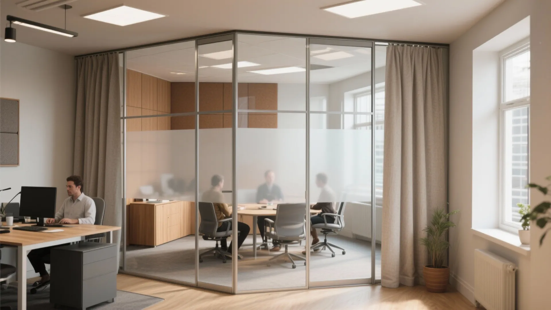 Modern office with glass walls separating a private meeting room from a bright open workspace