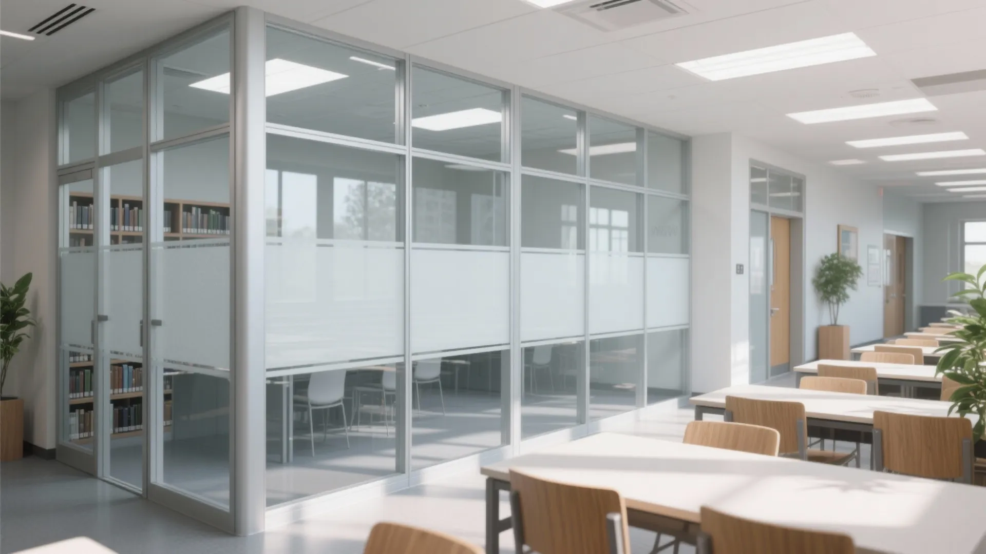 Full-height acoustic glass partition with frosted band brings daylight into a compact study room while preserving quiet.
