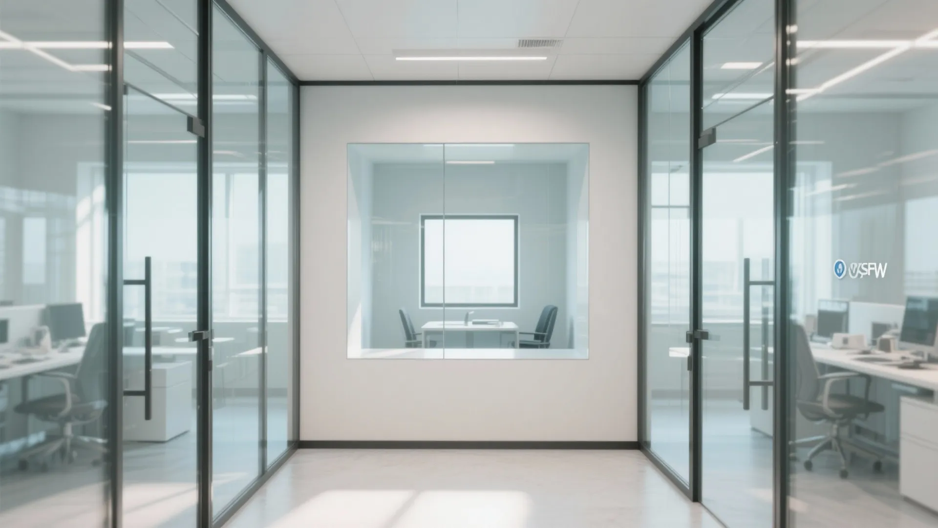 Small office with internal glass partitions and slender frames maintaining sightlines and letting daylight flow through.