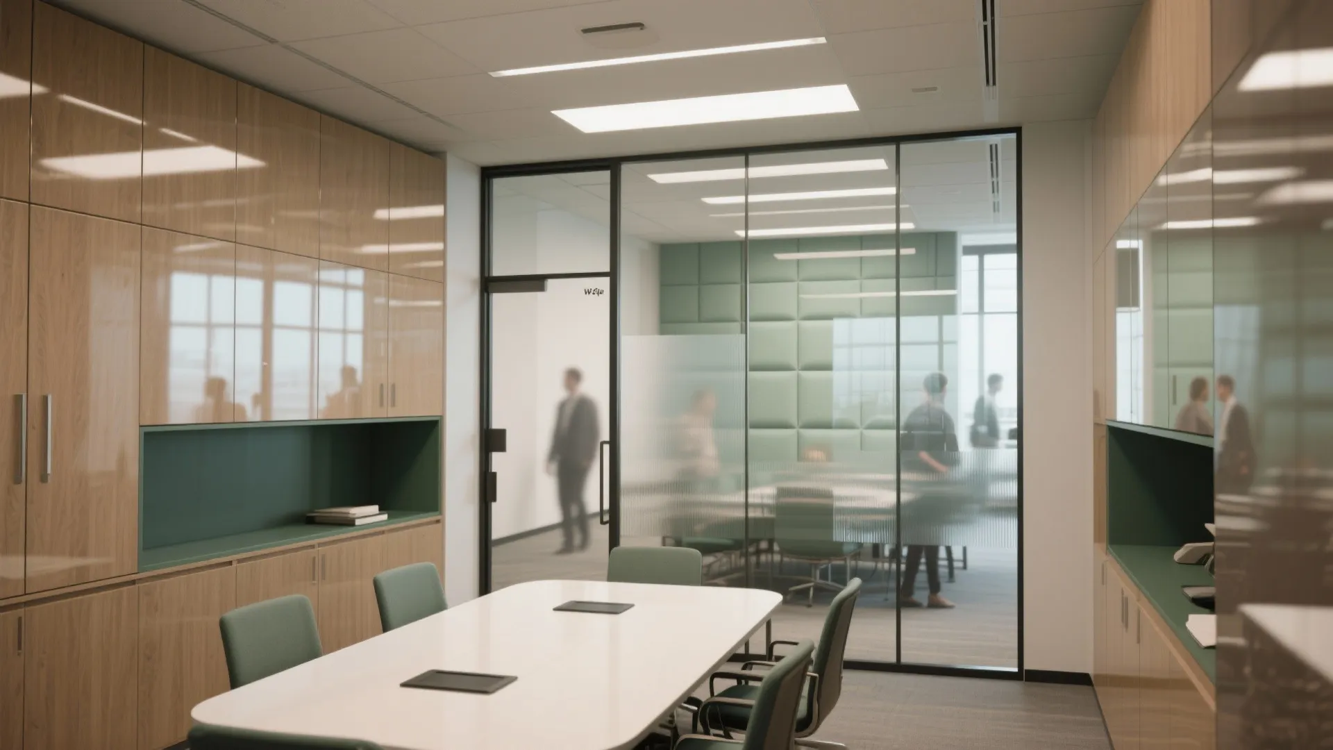 Office meeting room with white table green chairs glass walls and wood storage wall cabinets