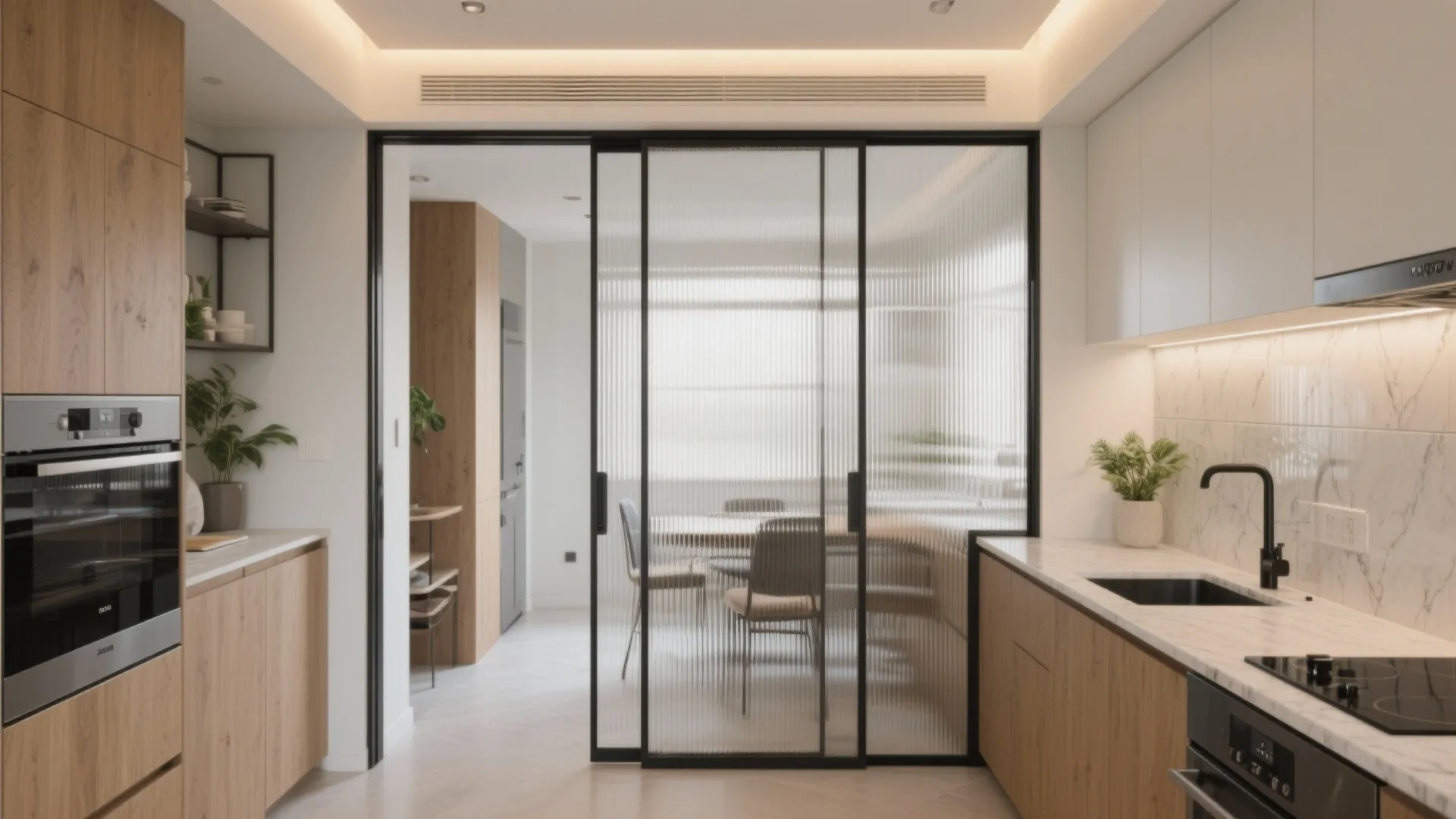 Glass partitions and backsplashes for airy light