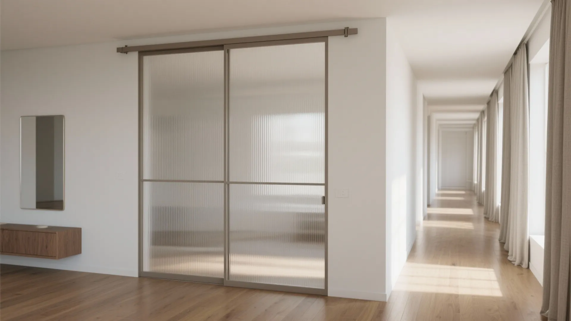 Sliding glass door with ribbed texture in a white room with wood floor and hallway