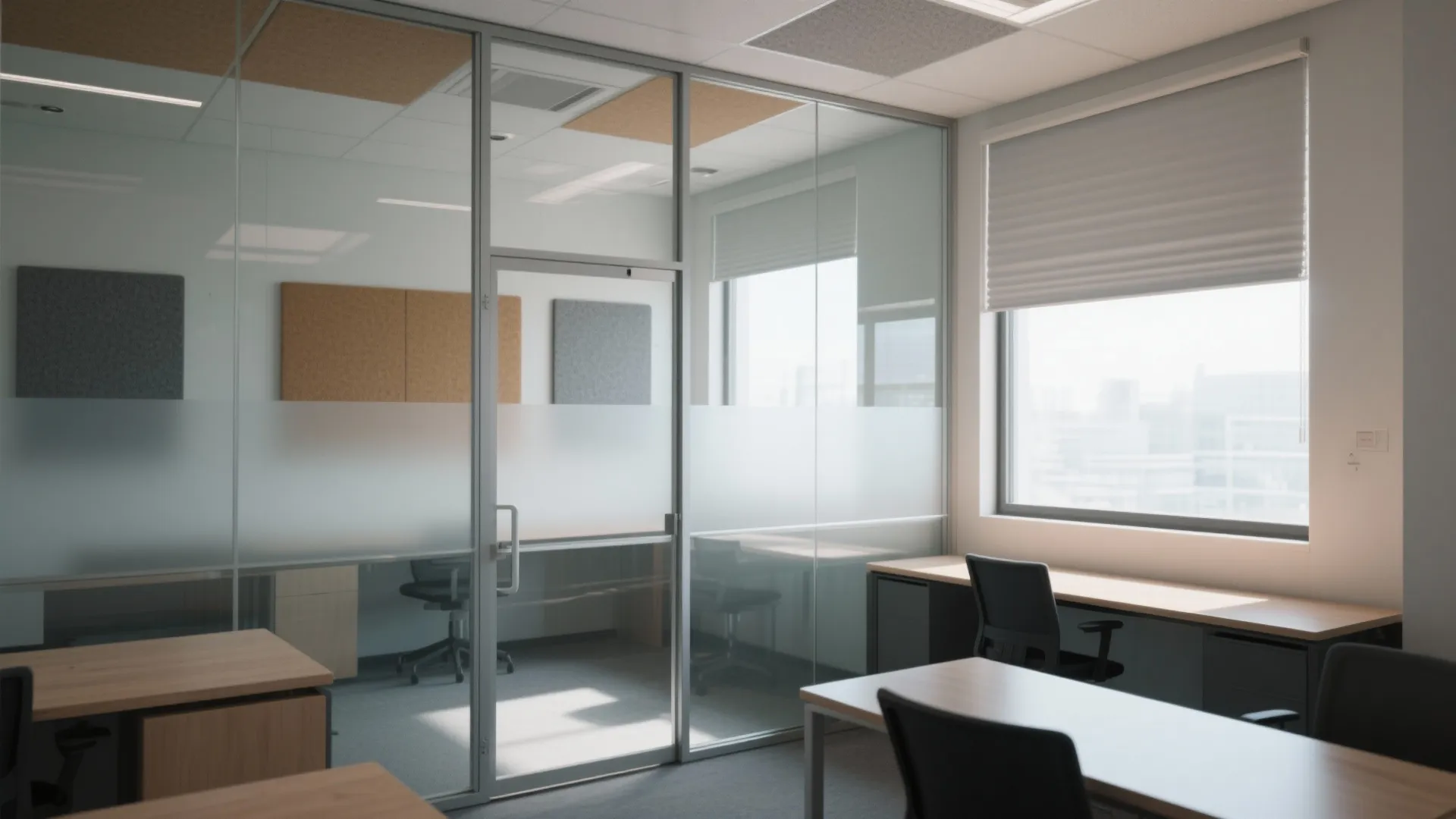 Modern office interior with glass wall panels wooden desks black chairs and a large window