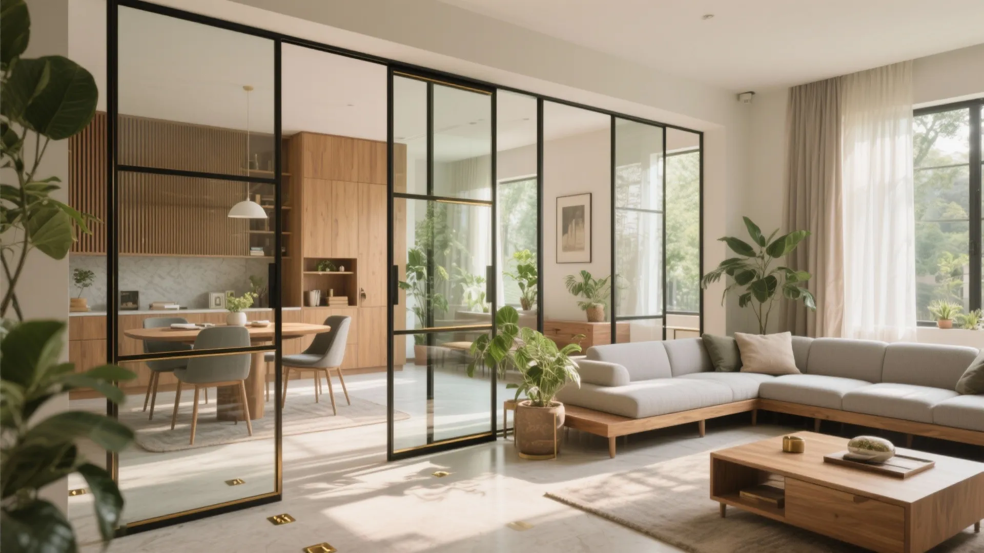 Sun-washed living with glass partitions