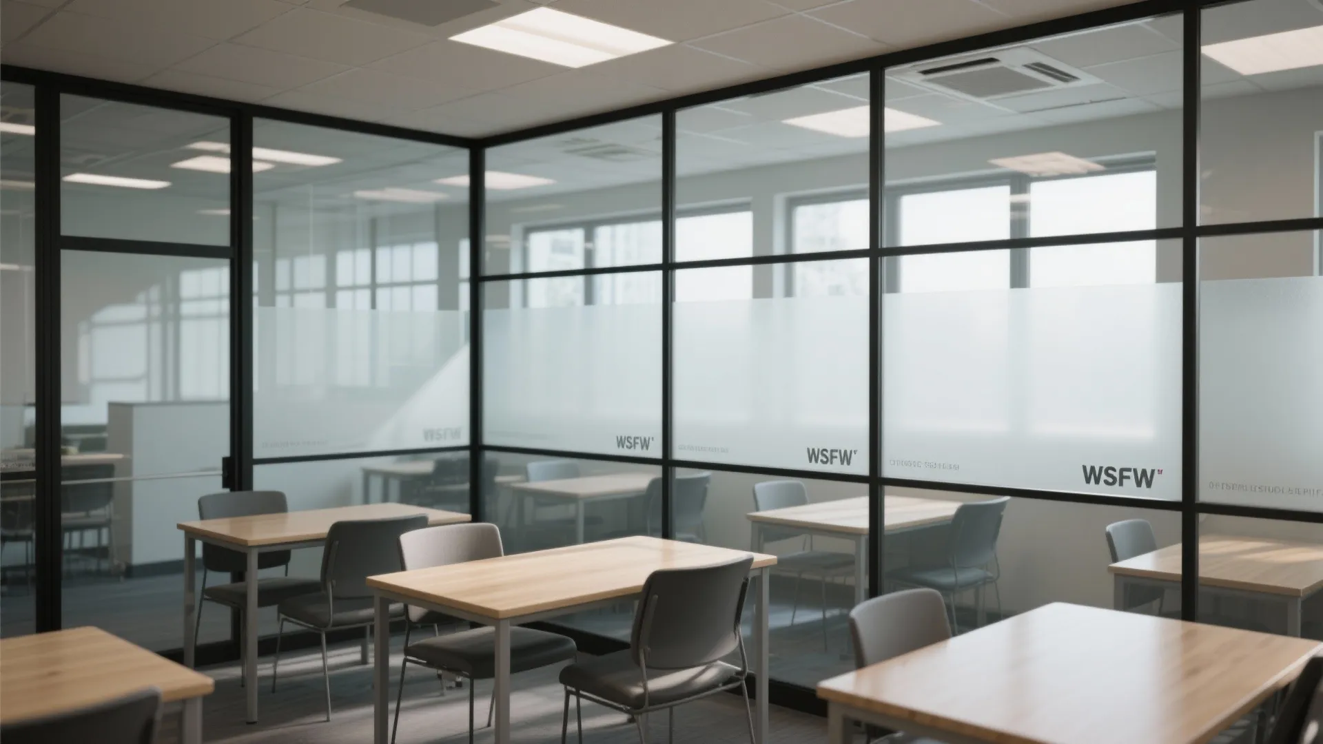 Glass partitions and high transoms for light, safety, and calm