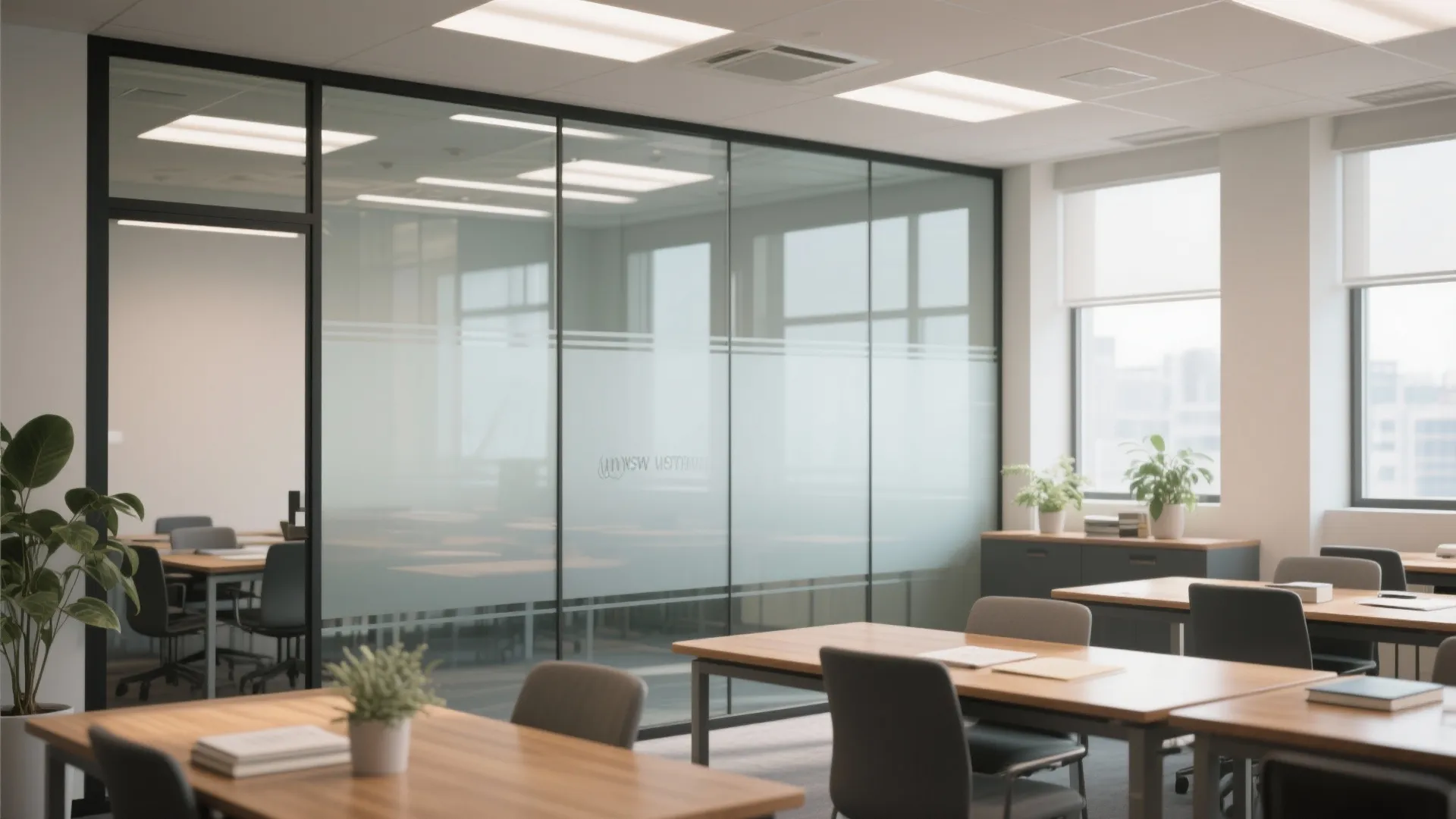 Modern office room with wooden desks, grey chairs, large glass walls, indoor plants, and windows