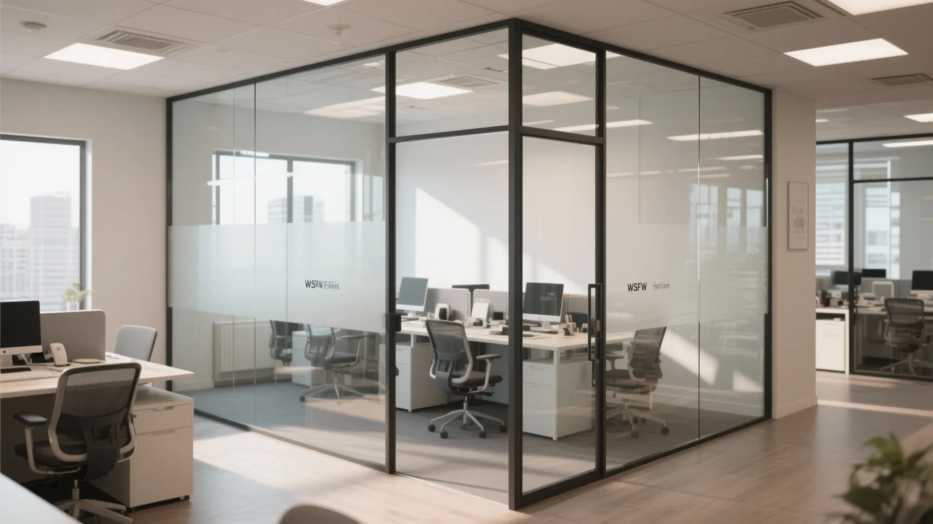 Small office interior with glass partitions and natural light