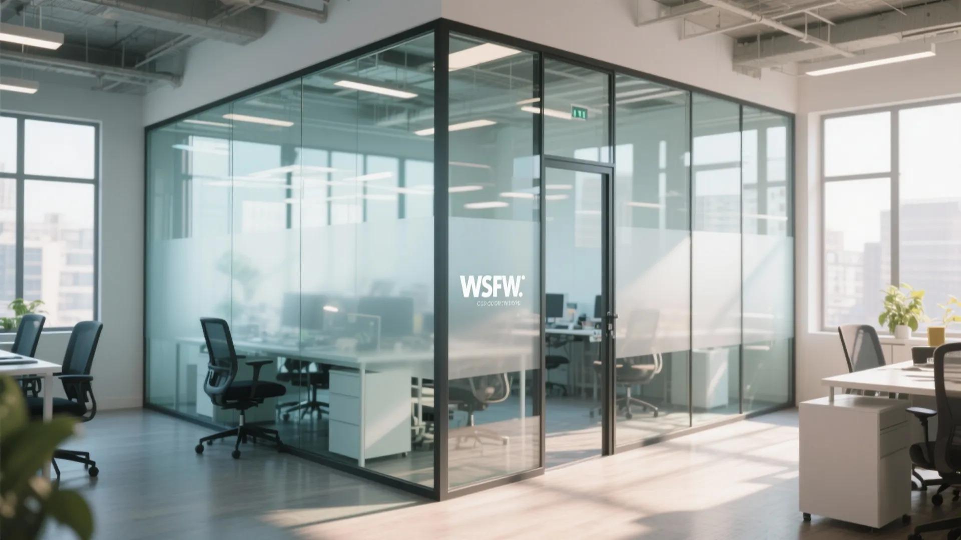 Modern open office space with glass walls frosted film white desks black chairs and windows