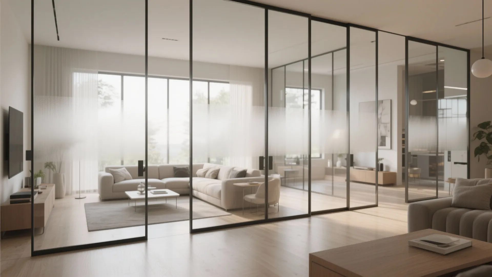 Large glass wall panels with black frames separating a bright living room and office space