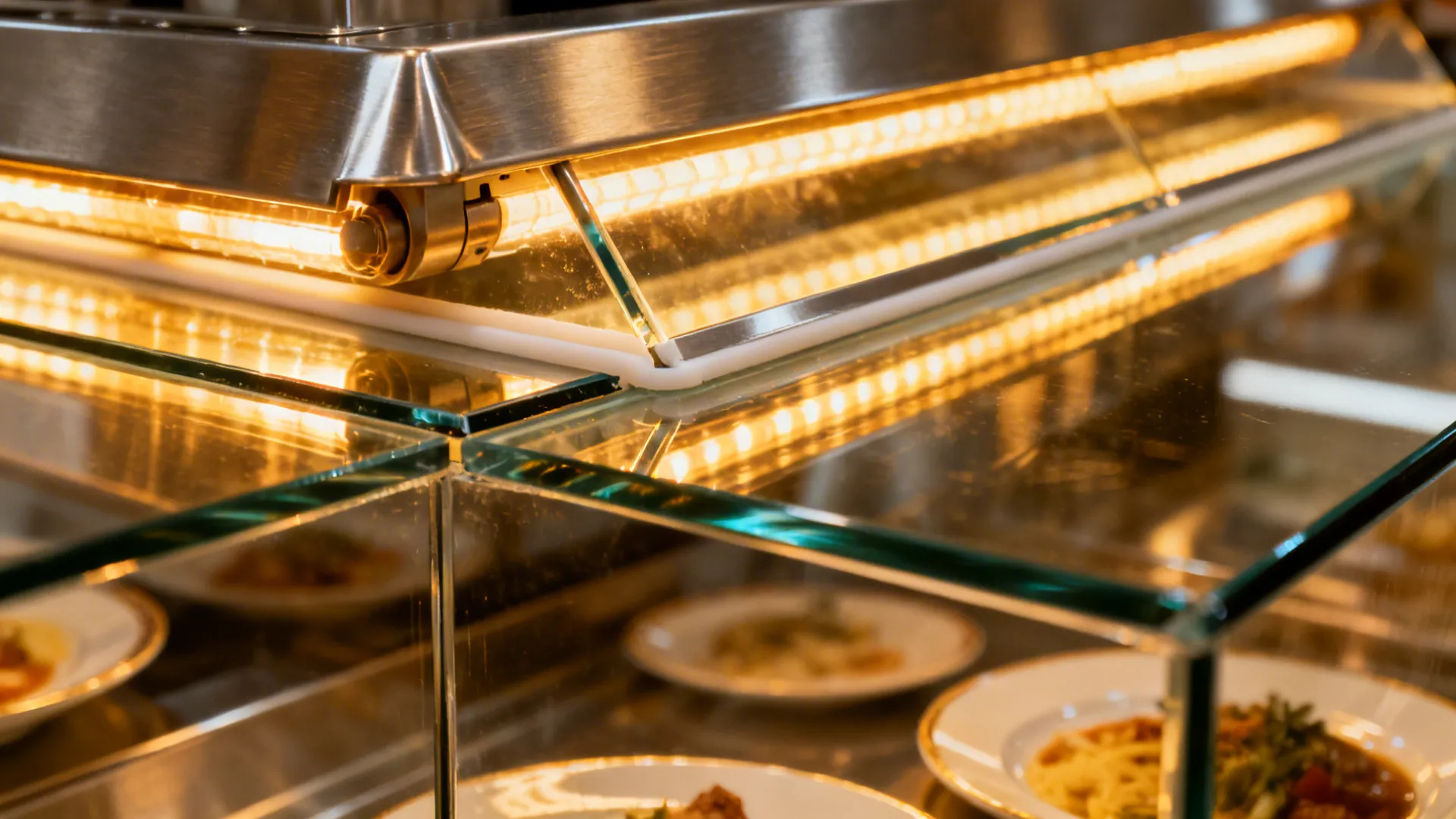 Close-up of low-iron tempered glass pass with stainless heat lamp rail.