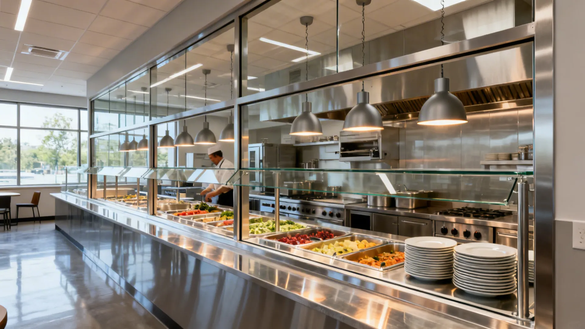 Modern cafeteria serving area with glass partition silver ceiling lights and stainless steel food display counters
