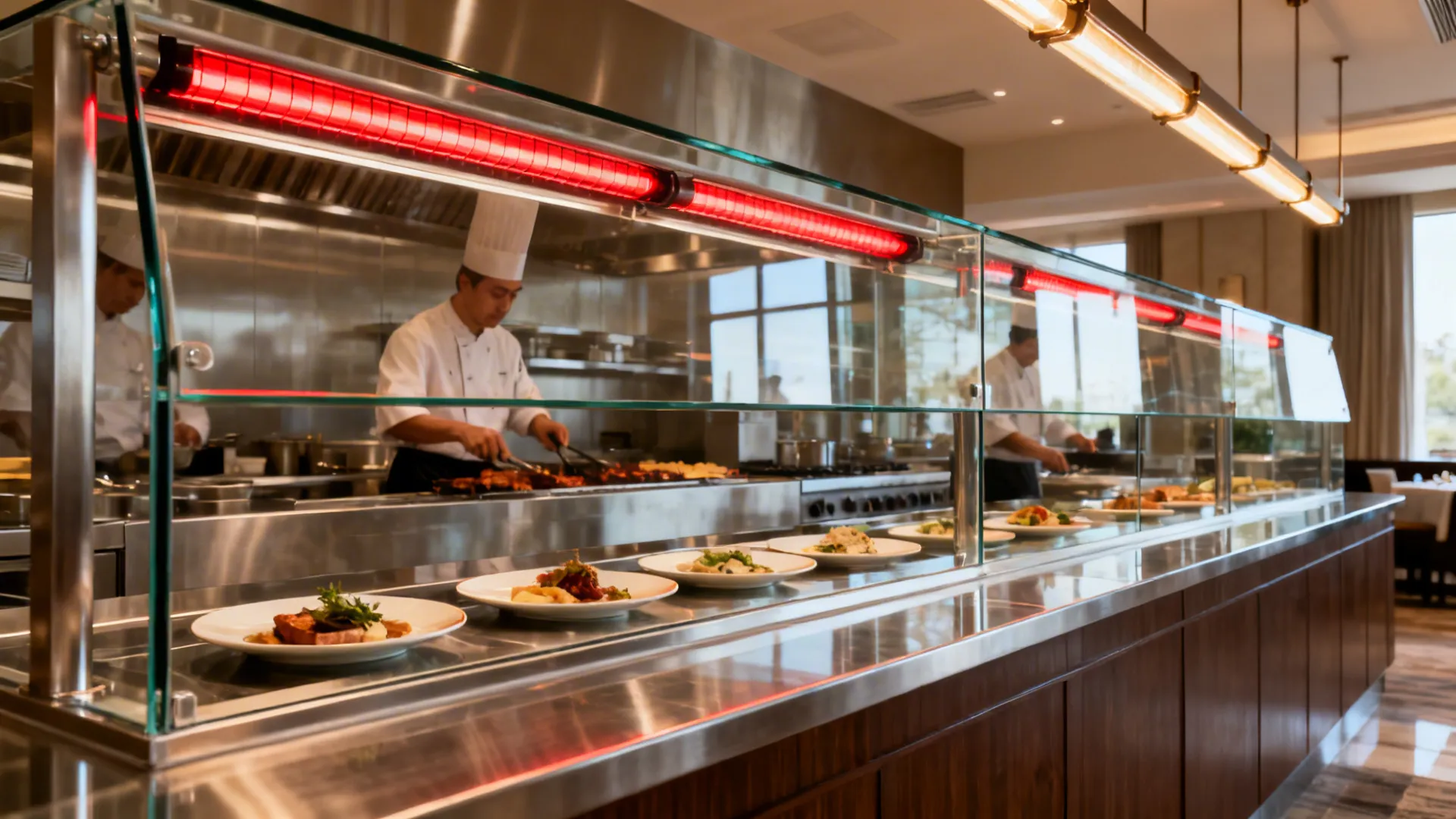 Hotel kitchen glass pass with heat lamps and clear sightlines to the hot line.