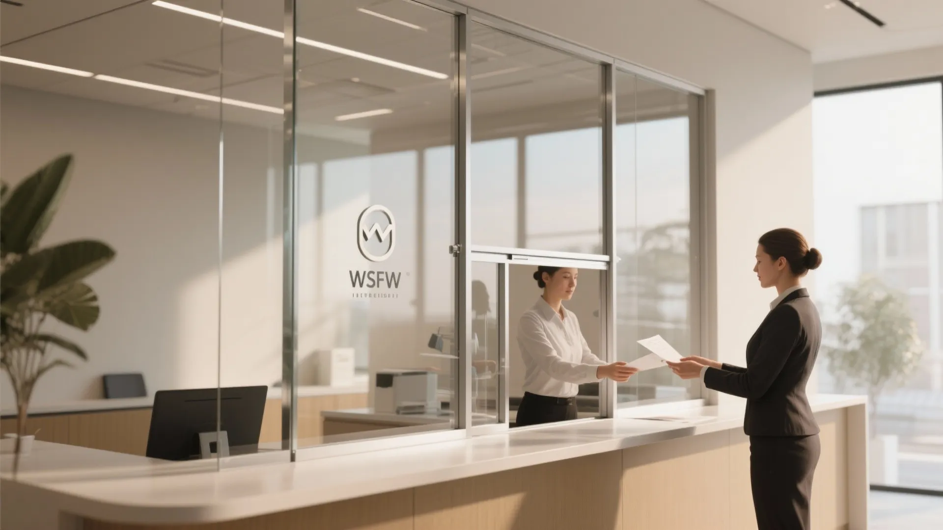 Sleek glass pass-through reception window with a sliding counter and slim aluminum frame in a modern office.