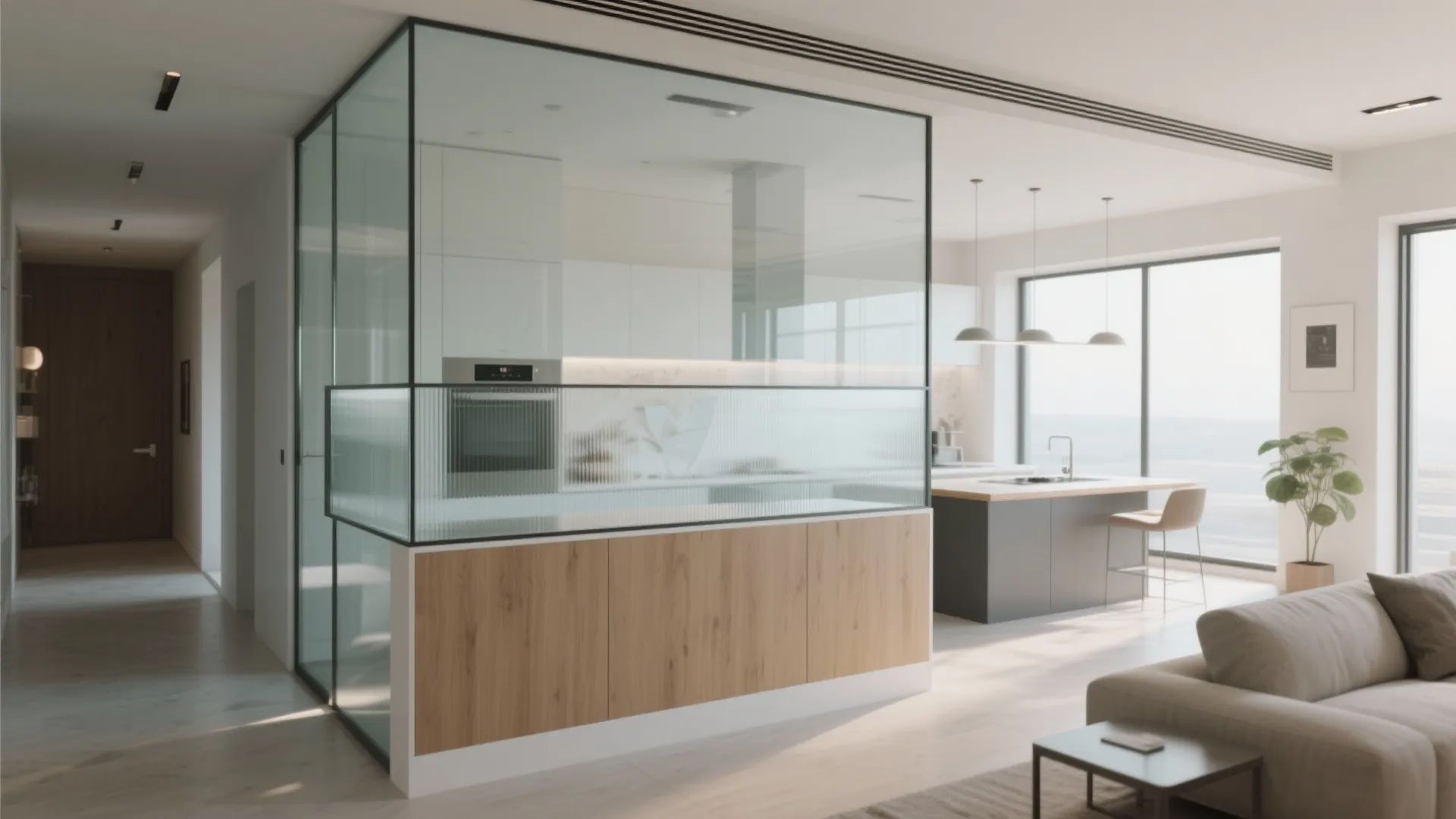 Bright open kitchen with glass walls, wooden island, grey cabinets, and large floor to ceiling windows
