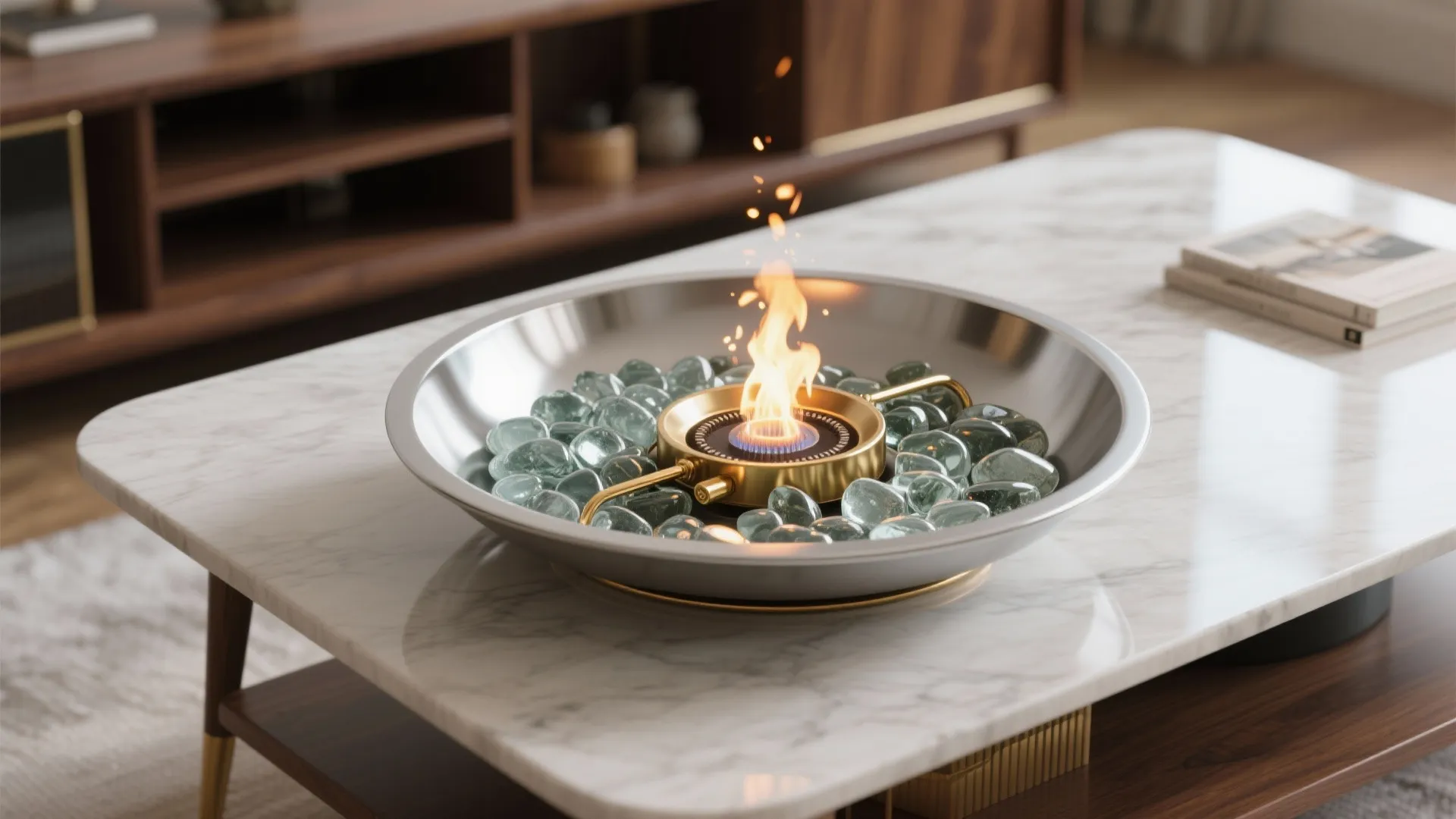 1. Glass-pebble ethanol burner — modern and reflective
