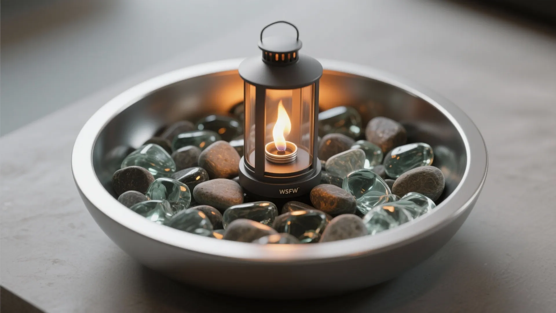 Small black lantern burning inside a metal bowl filled with smooth gray stones and glass