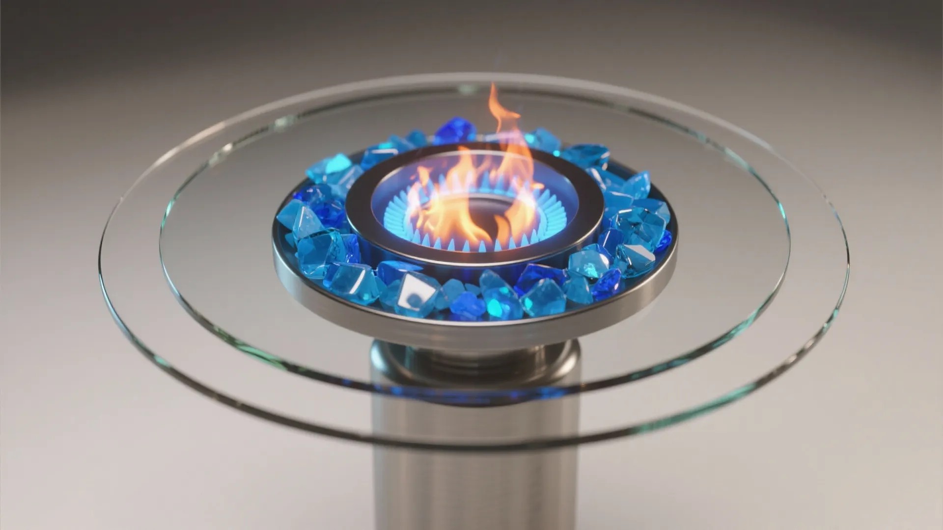 Glass-topped pedestal fire table with vibrant blue fire glass and visible reflections from the burner flame.