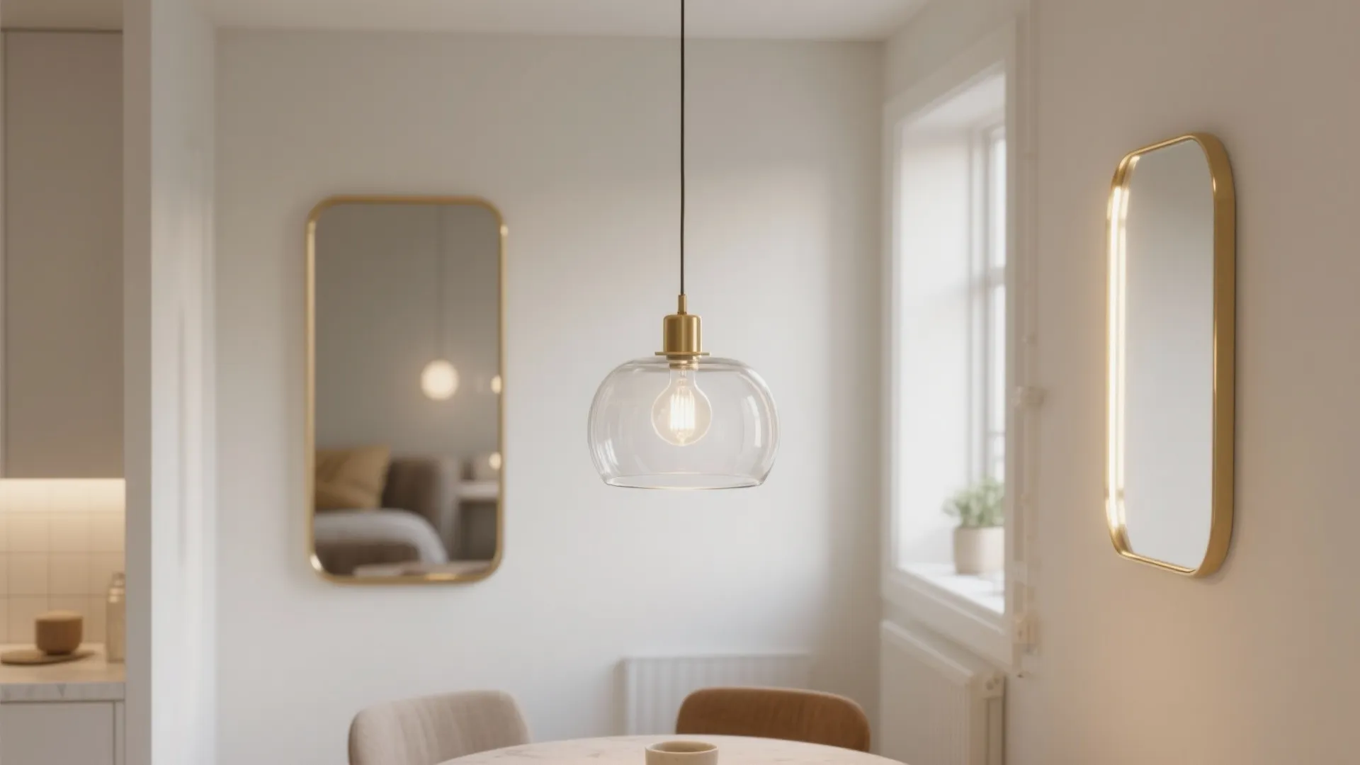 Modern dining area featuring a clear glass ceiling light over table with mirrors and chairs