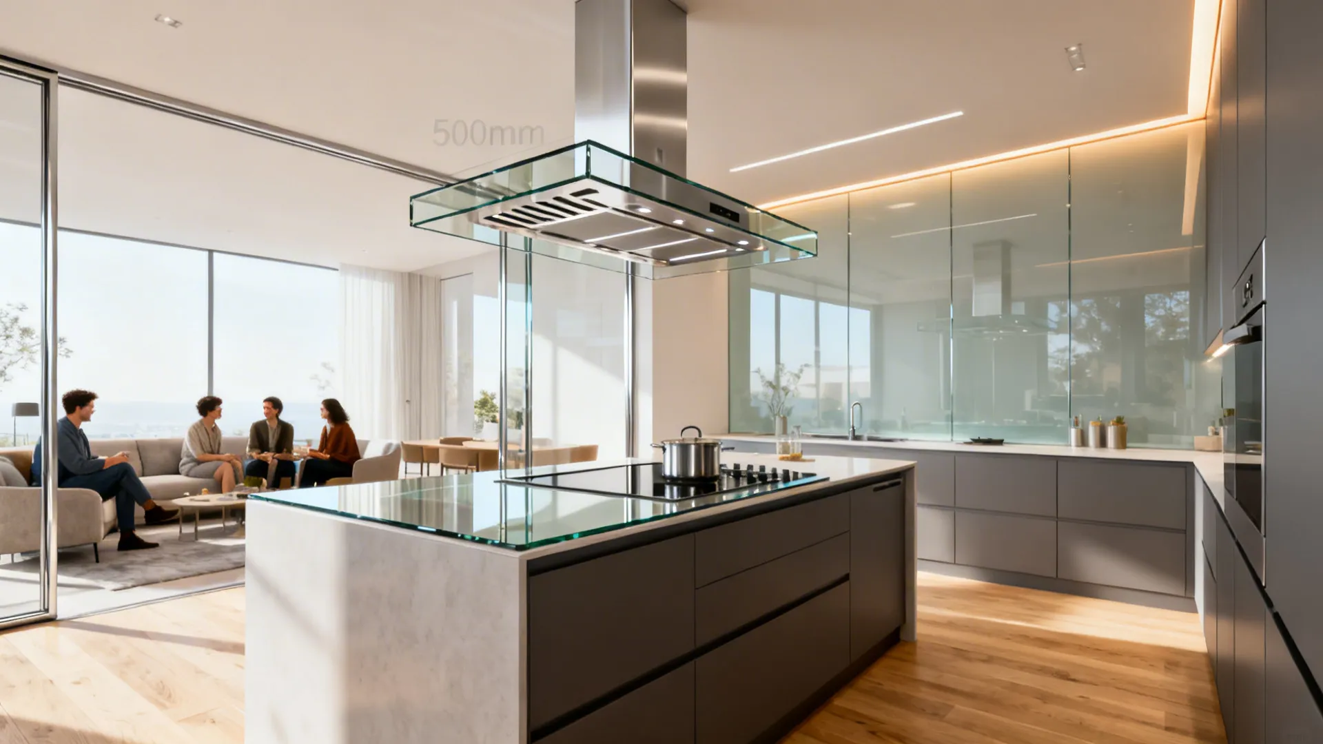 Open-plan kitchen with glass canopy hood and perimeter suction above an island cooktop.