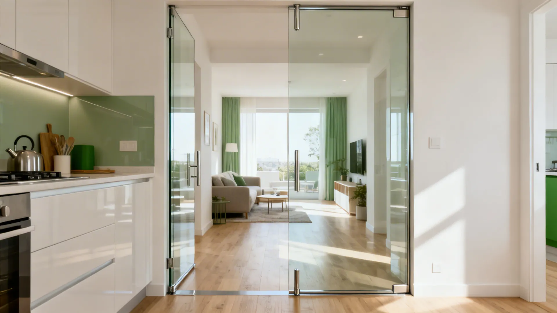 Frameless low-iron glass pivot kitchen gate creating a bright, open sightline.
