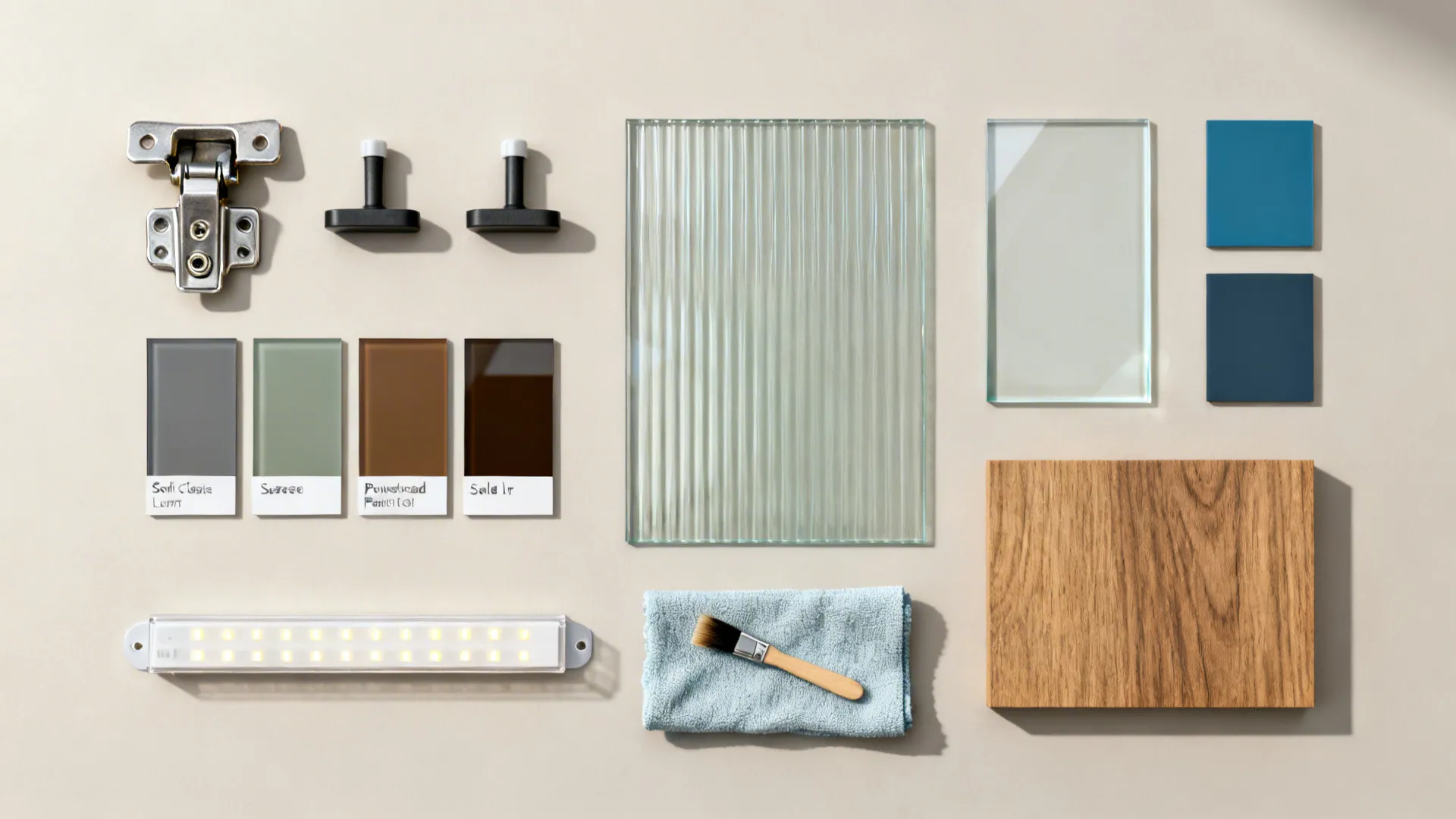 Top-down flatlay of glass samples, hinges, LED strip with diffuser, and oak and color frame samples.
