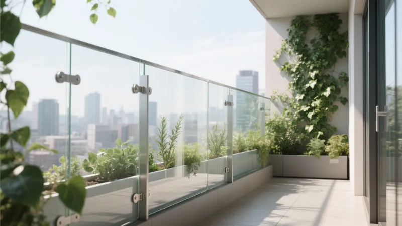 Urban Balcony Garden with Glass Railing and Greenery