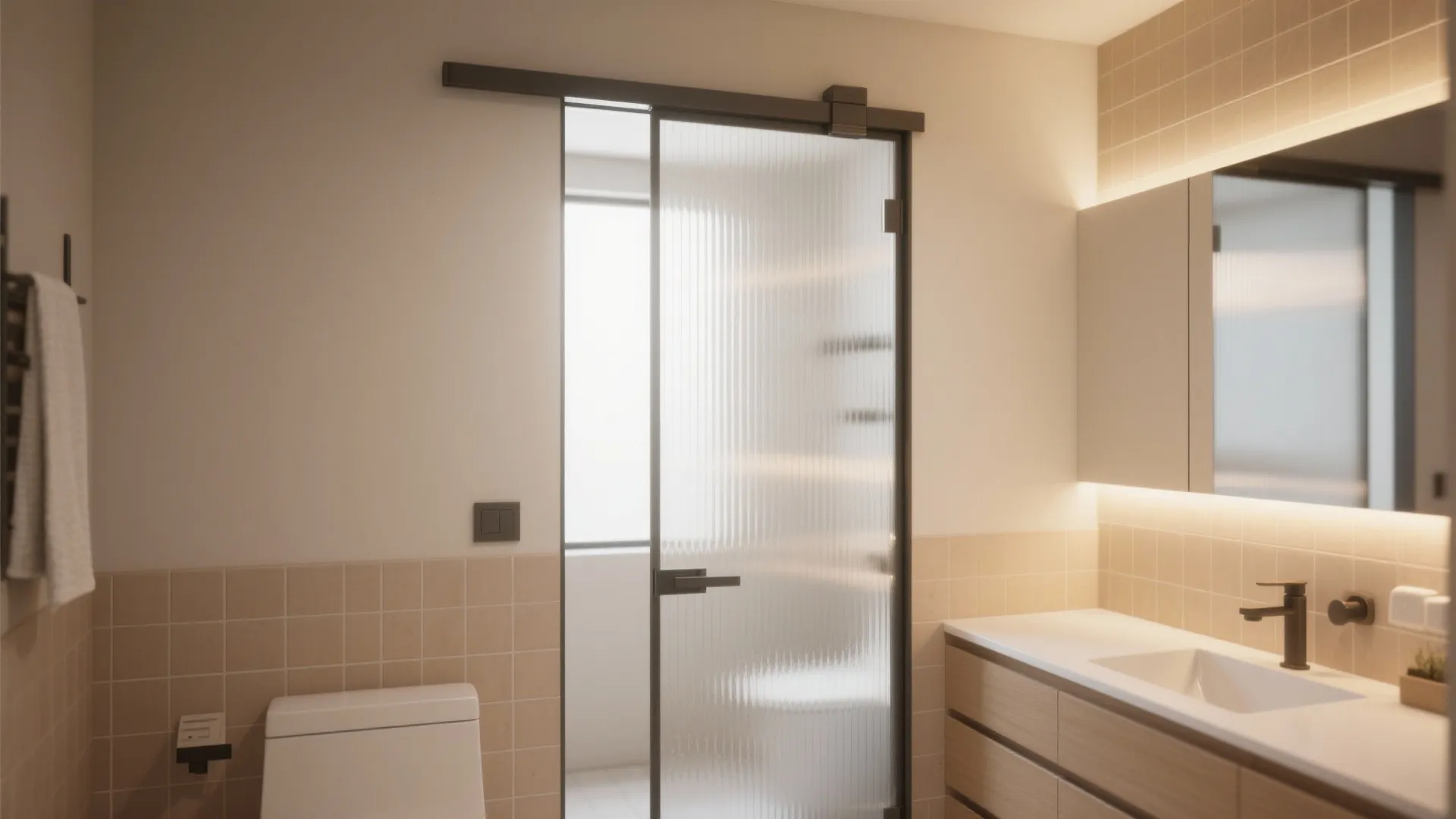 Modern bathroom featuring a sliding glass door with black frame and a large lighted mirror