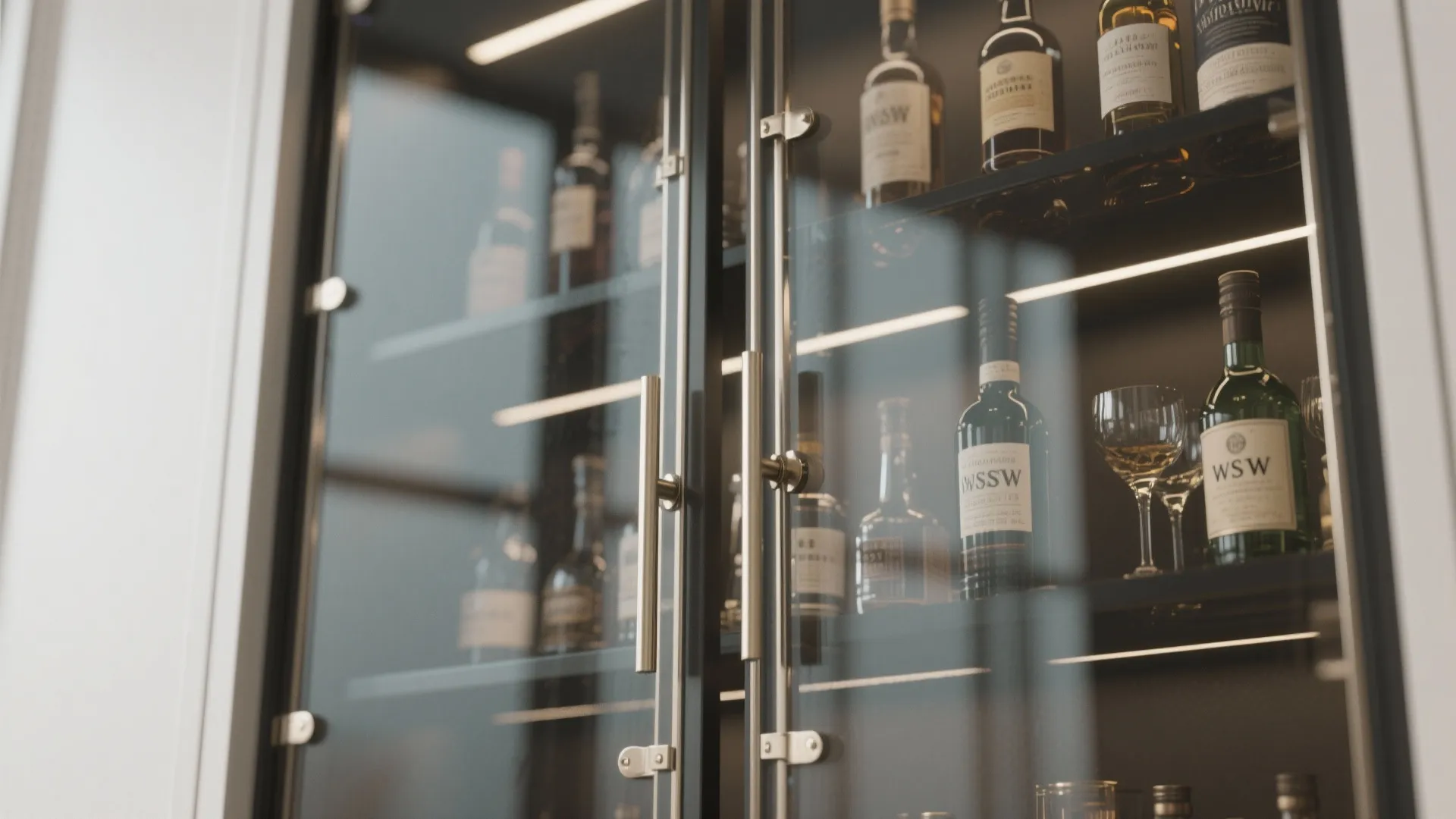 Modern glass display cabinet with light fixtures showing wine bottles and glasses on interior shelves