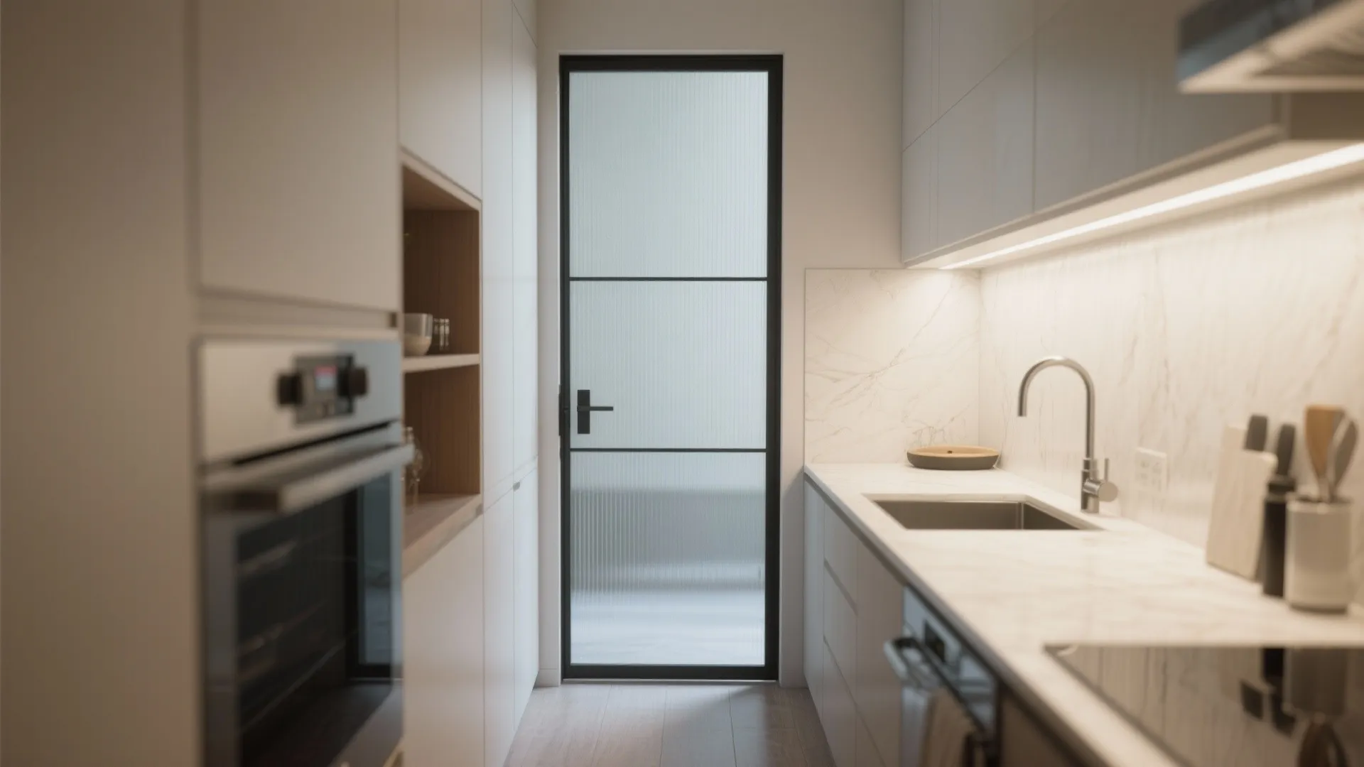 Minimalist white kitchen featuring a black framed fluted glass door, white cabinets, and marble wall