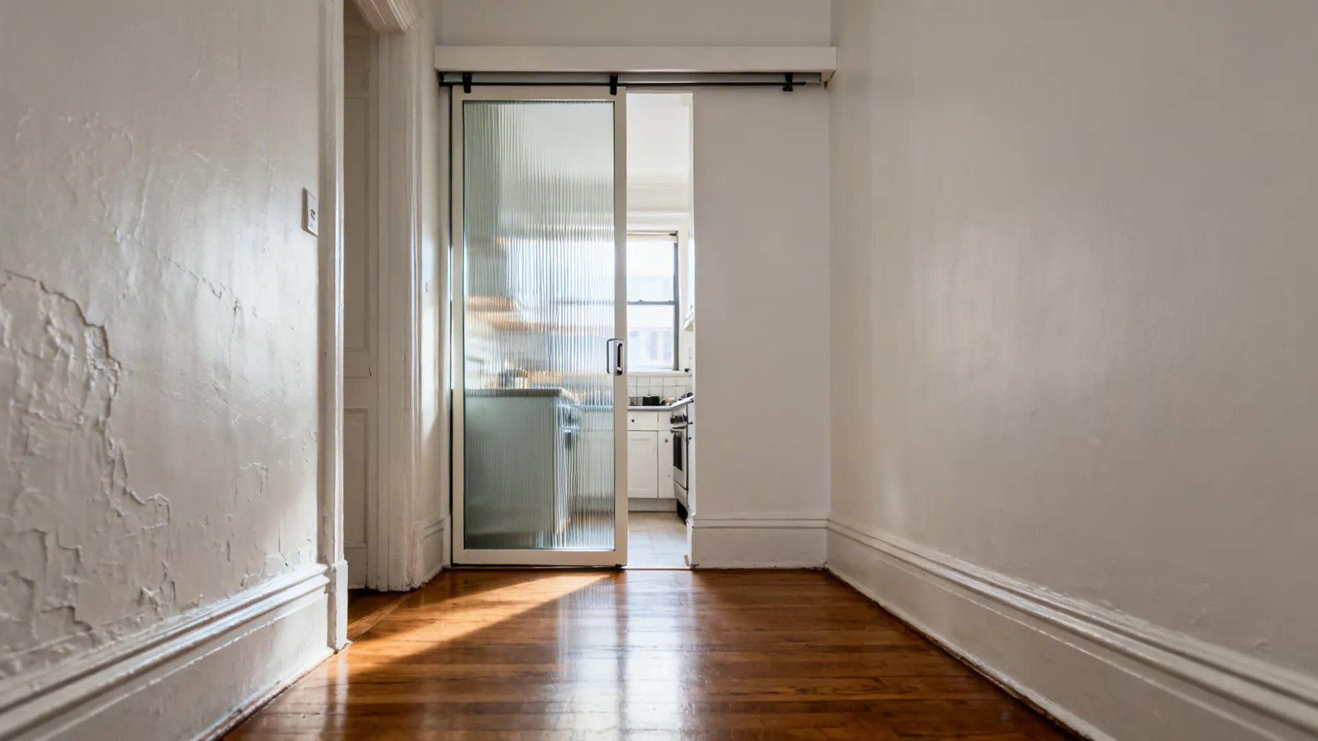 Reeded-glass pocket door brightening a narrow hallway into a small kitchen.