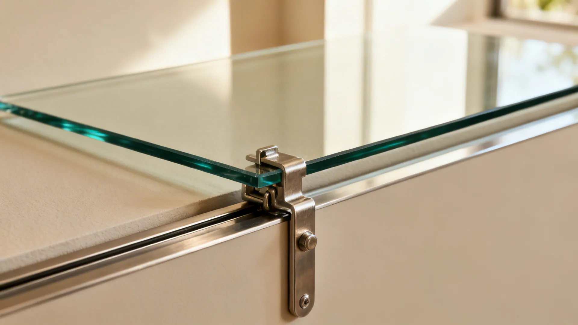 Macro detail of laminated glass on a half wall with brushed metal hardware and pocket door track.