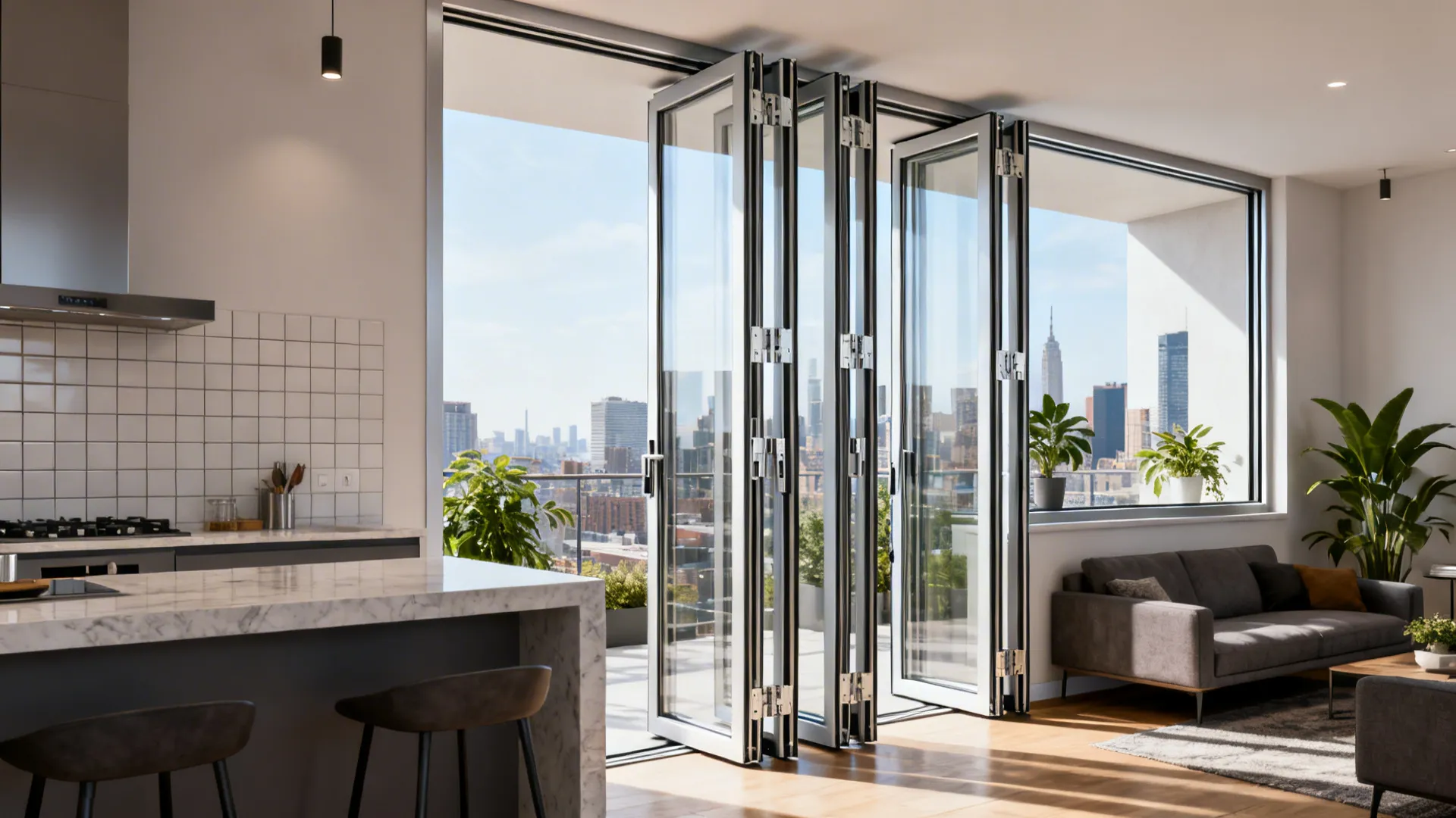 Folding glass pocket window stacked open between kitchen and living room in a city flat.