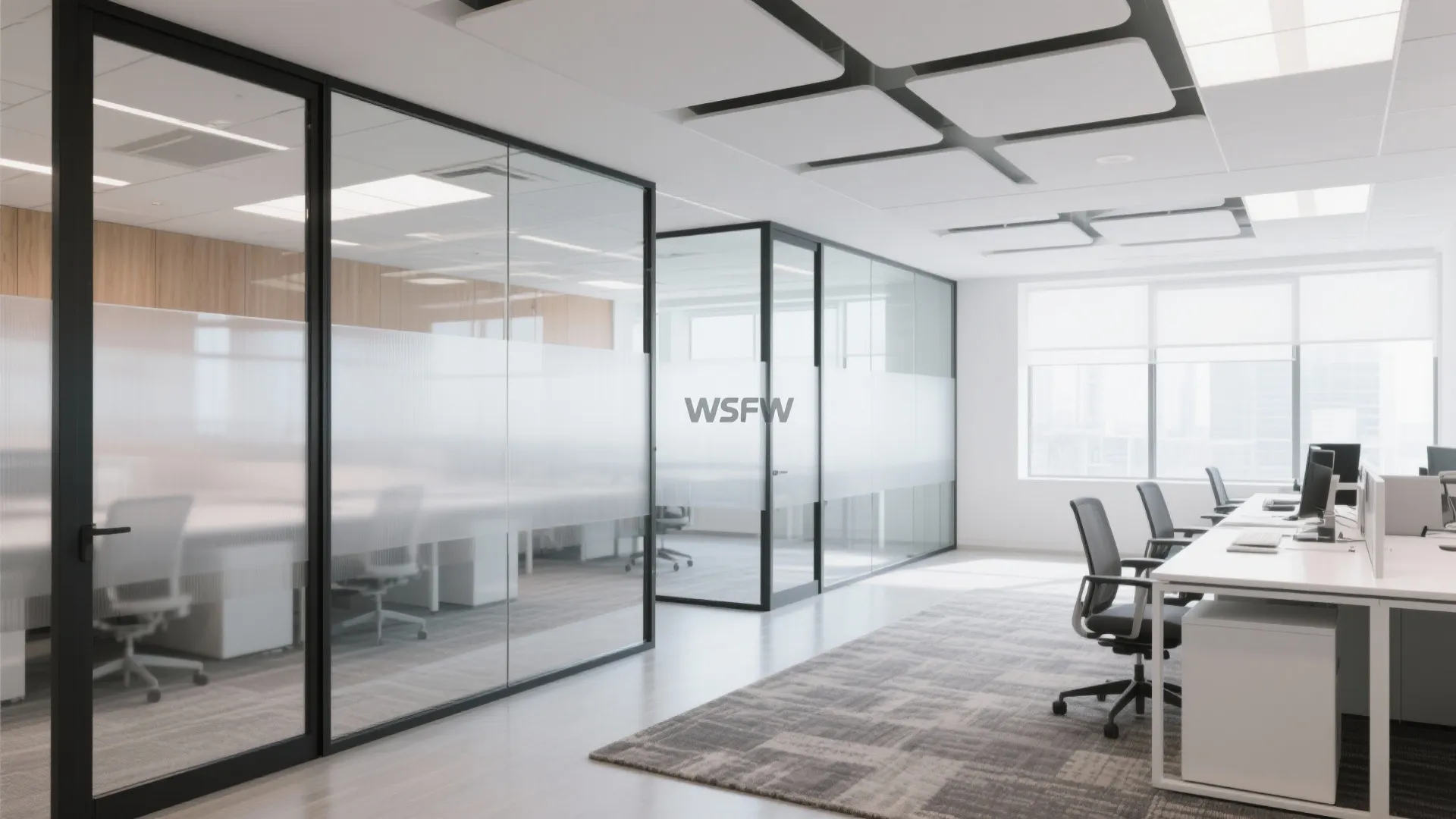 Modern office interior with glass wall partitions frosted film white desks and black office chairs