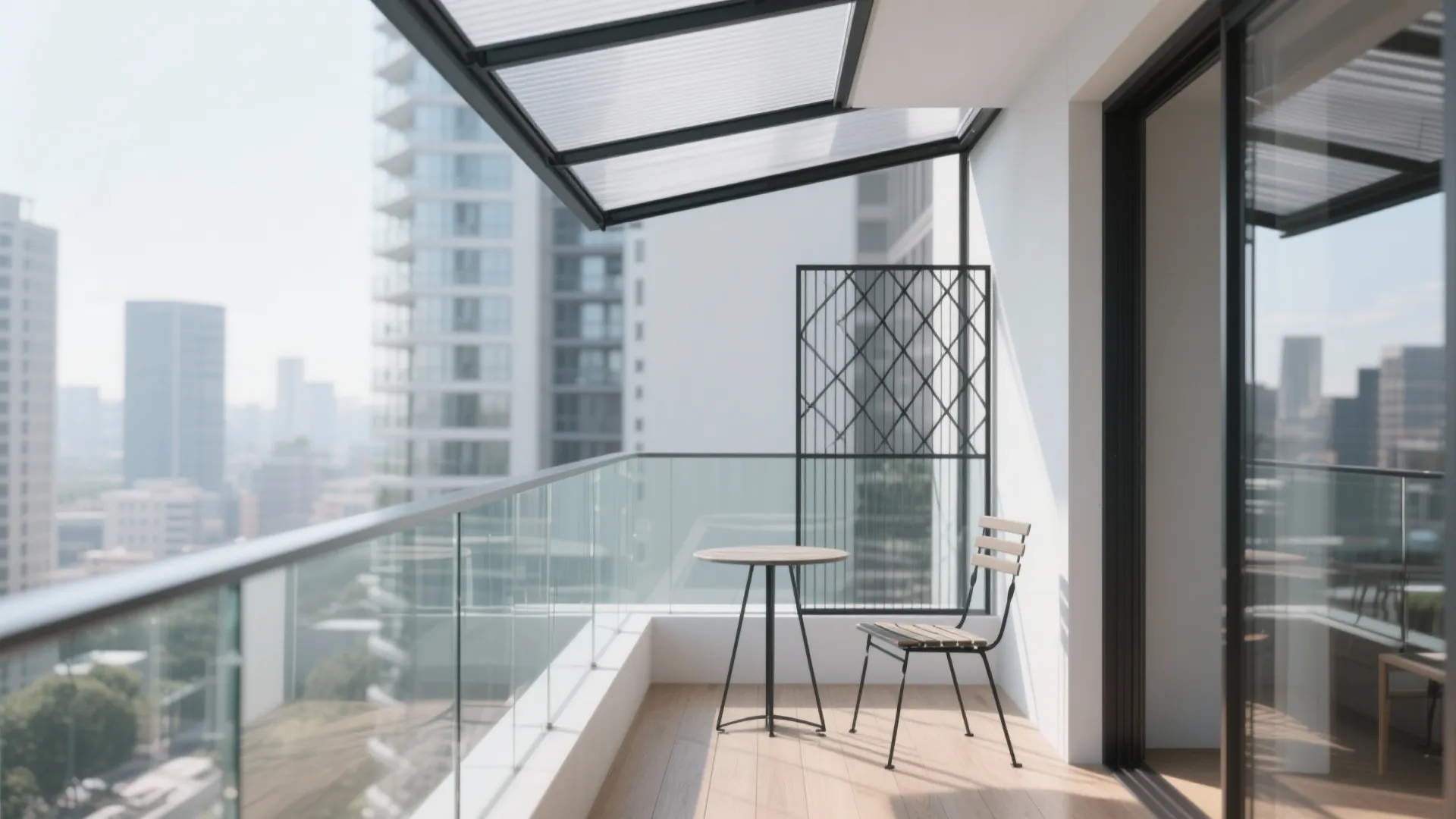 High-rise apartment balcony featuring glass railing, small table, single chair, glass roof, and city buildings