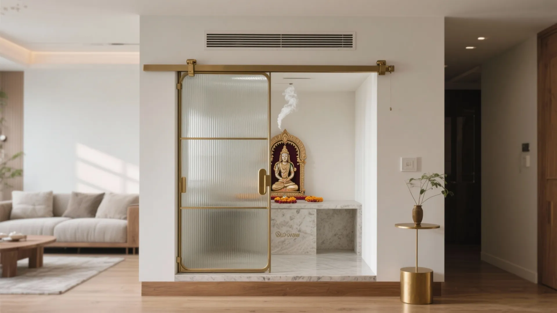 Small prayer room with gold sliding glass door featuring statue on marble counter inside home