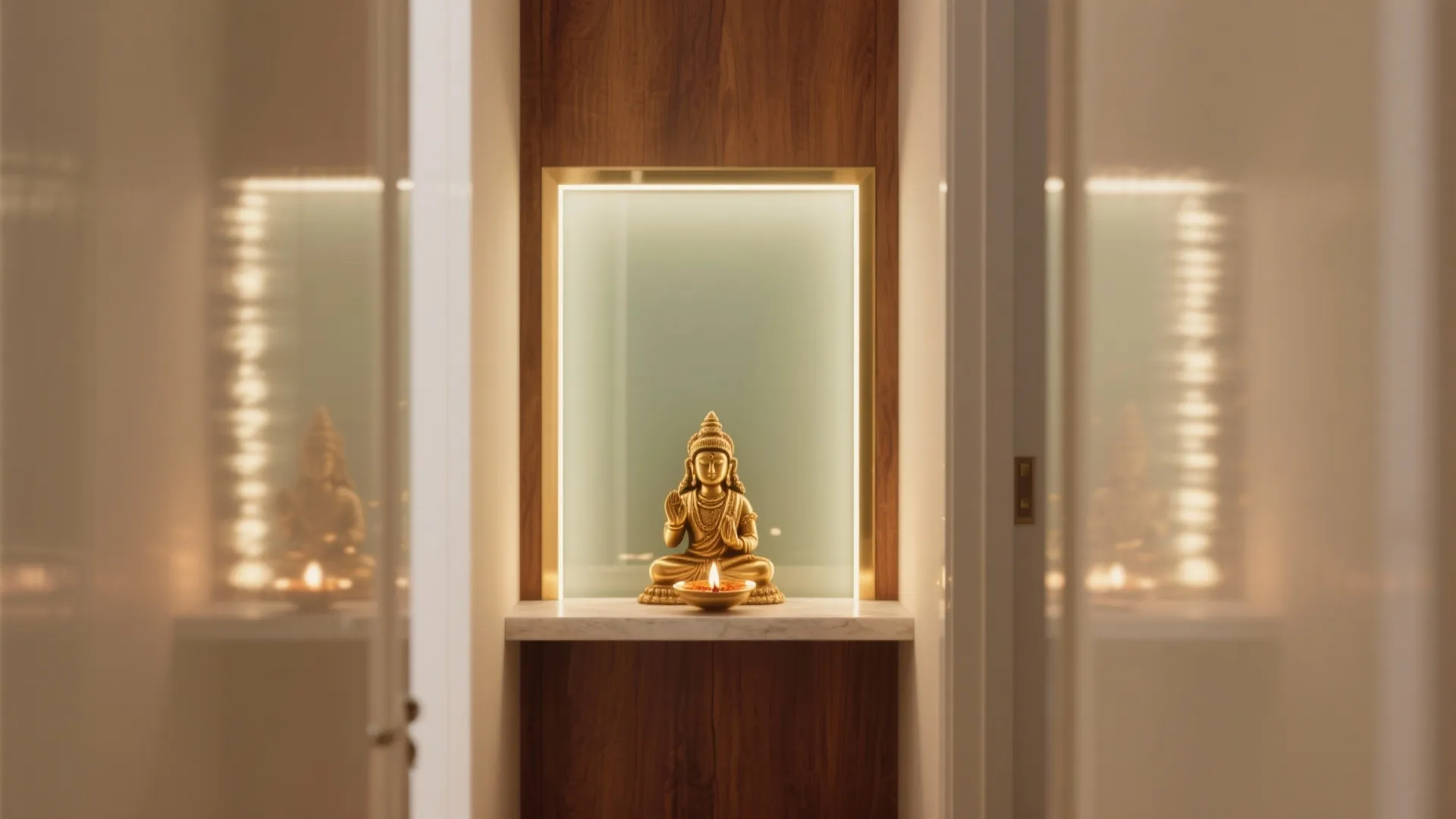 Golden statue in a wall niche with backlit glass panel marble shelf and burning candle