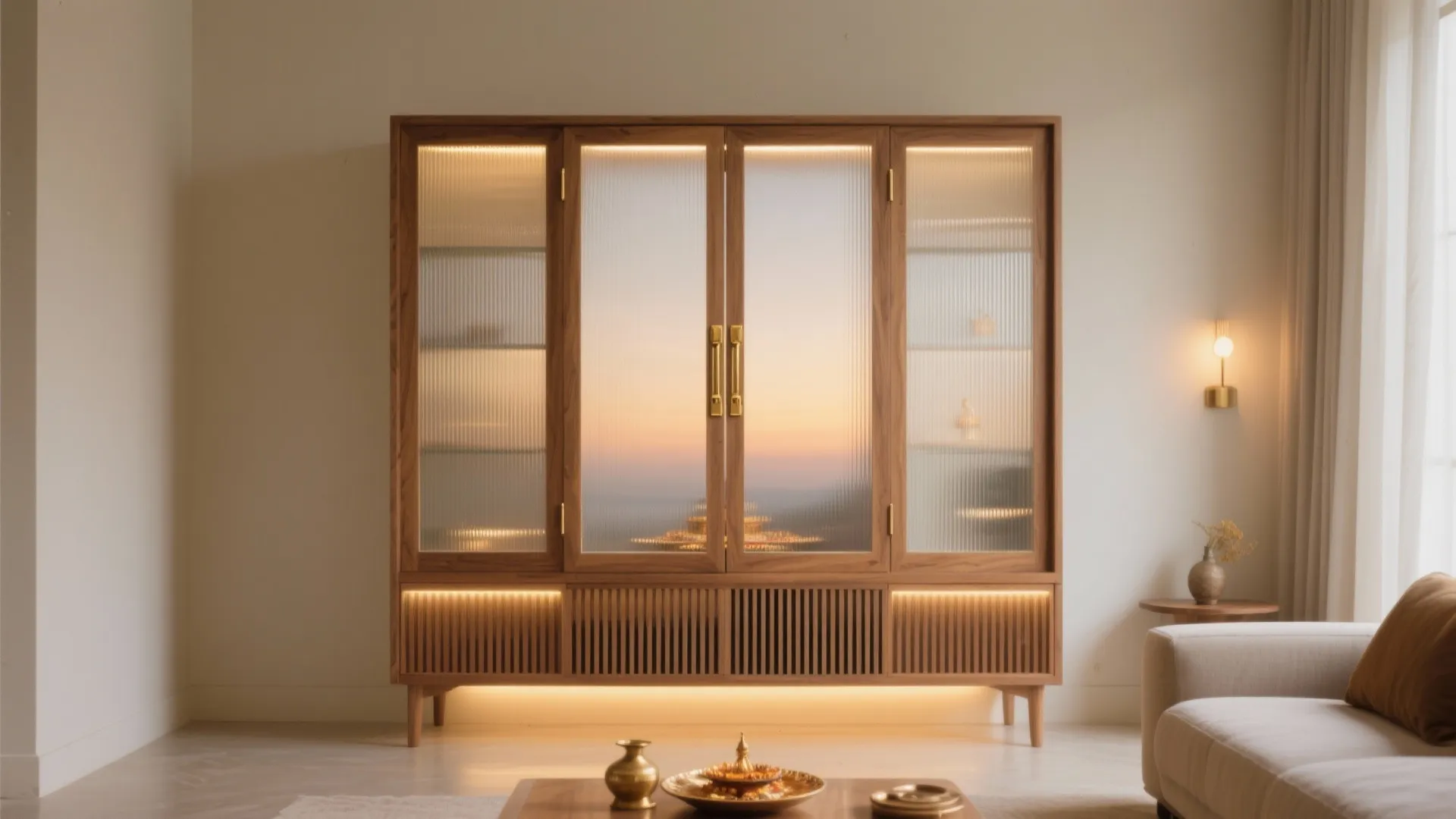 Glass-front pooja cabinet for airy serenity