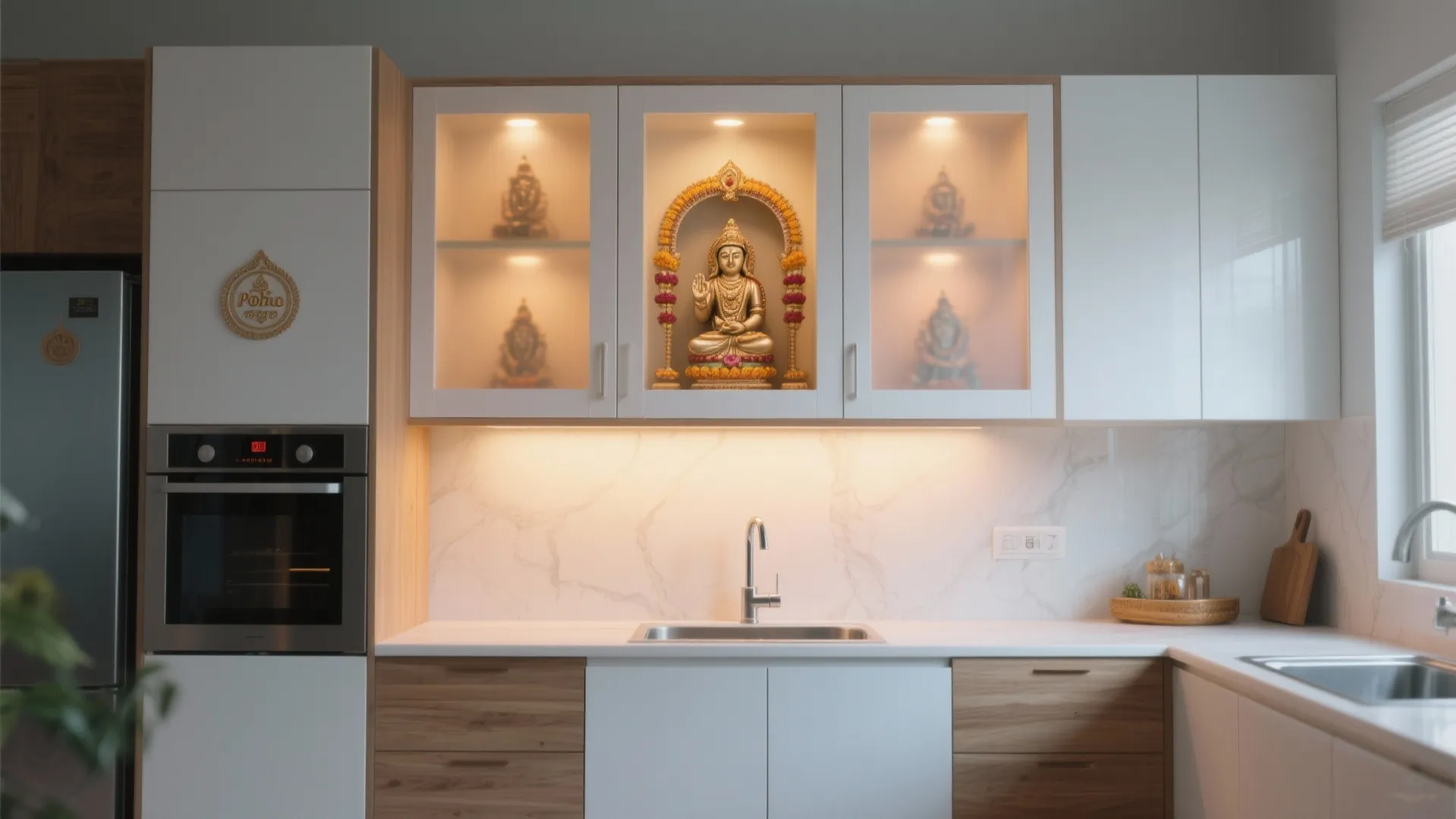 Kitchen with frosted glass-front pooja cabinet above sink
