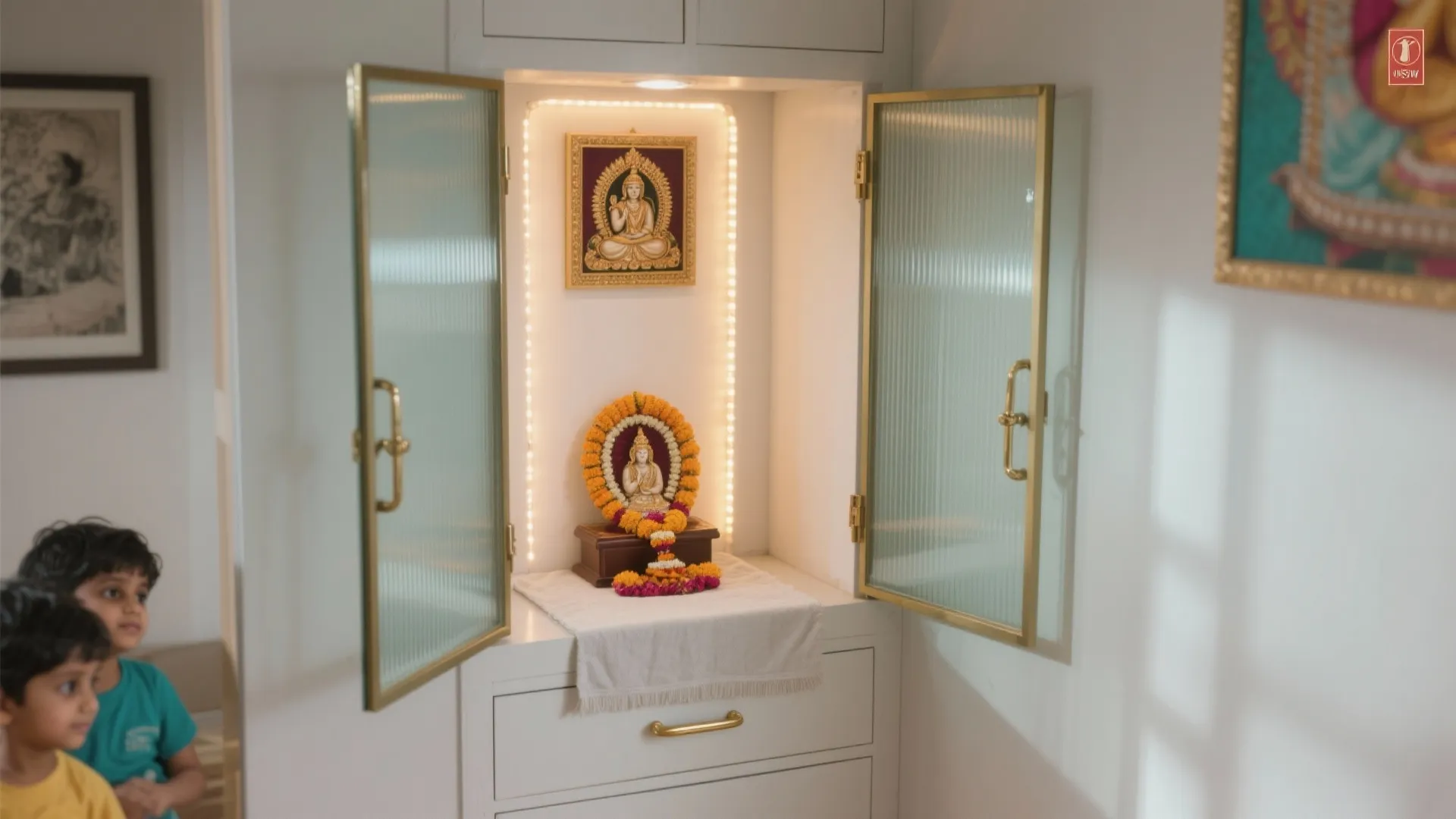 Fluted glass-enclosed corner pooja shrine with brass handles and warm halo lighting.