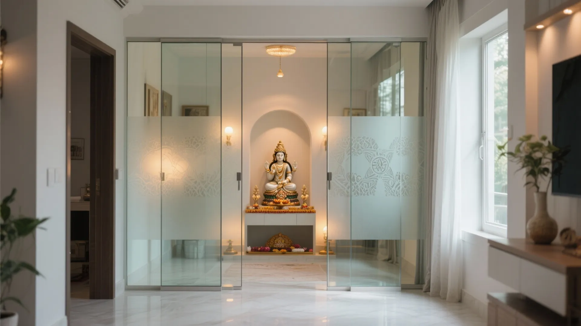 Modern prayer room with glass sliding doors white walls marble floor and one small statue