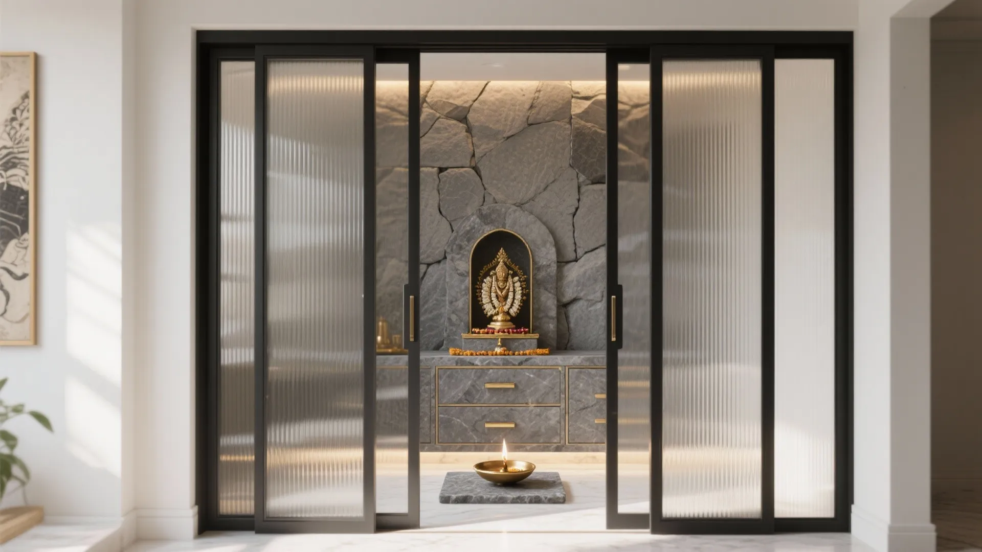 Contemporary Glass-Front Pooja Wall with Storage Niche