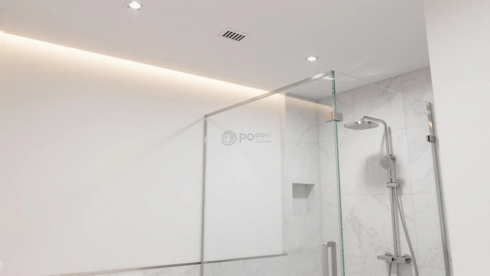 Modern bathroom interior featuring glass shower door chrome shower head marble tiles and recessed ceiling lights