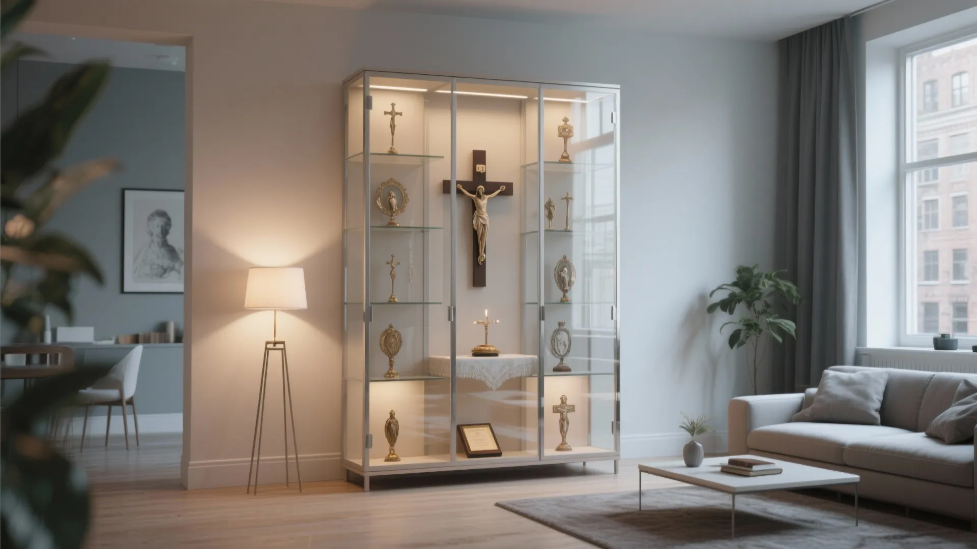 Modern living room featuring a tall glass display cabinet used for religious statues and crosses